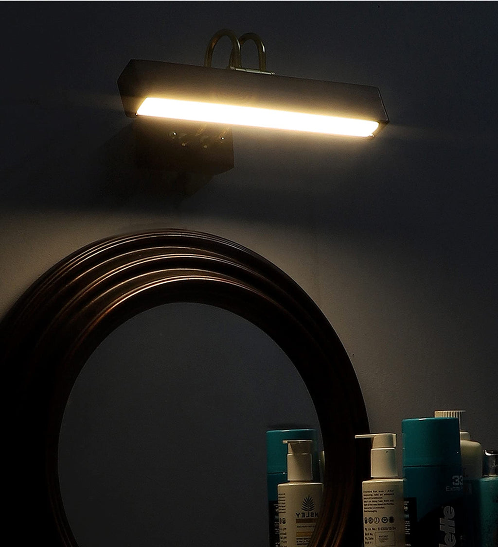 Green House Handmade Sheesham Wood Wall Light for Dressing Table/Mirror/Vanity/Bedroom/Bathroom/Living Room with 10W in-Built Tri-Colour LED/9 inches Wide/Gold Plated Brass Bands/Rivets/Moving Set