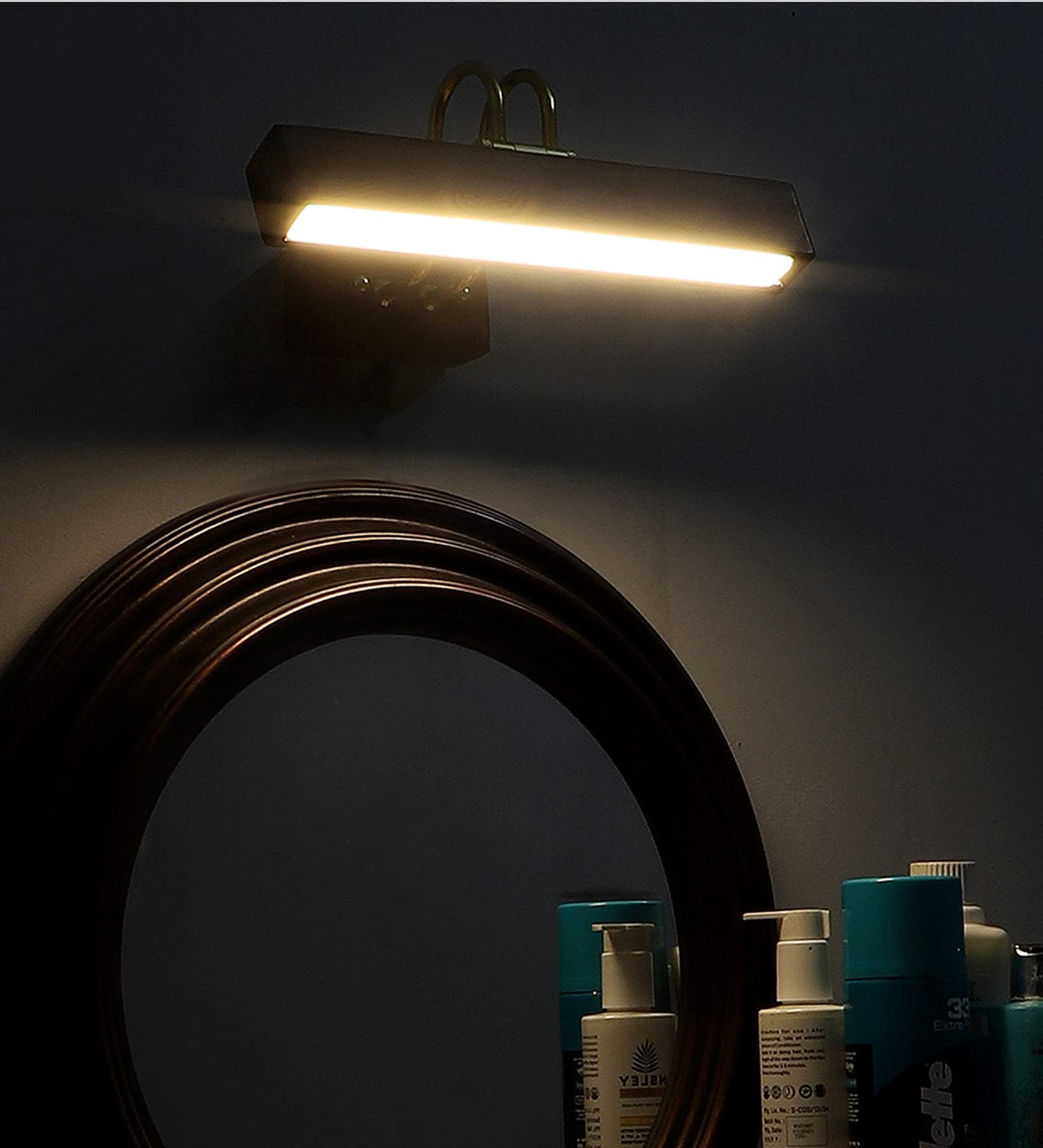 Green House Handmade Sheesham Wood Wall Light for Dressing Table/Mirror/Vanity/Bedroom/Bathroom/Living Room with 10W in-Built Tri-Colour LED/9 inches Wide/Gold Plated Brass Bands/Rivets/Moving Set