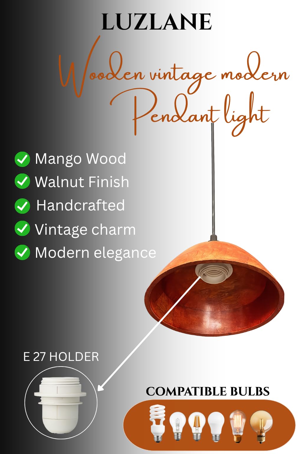 Wooden Hanging Lights for Living Room | Handcrafted Walnut Finish Ceiling Hanging Lamp | Adjustable Cord | Elegant Pendant Lights for Bedroom, Kitchen & Balcony Décor (LARGE-10 INCH)
