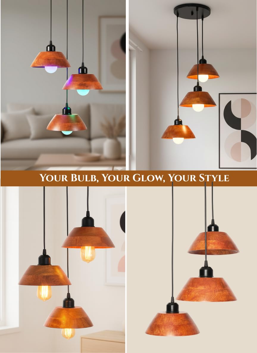 Vintage Modern Wooden Hanging Lights for Living Room, Bedroom, Home Decoration | Walnut Polish (Set of 3 Lights Chandelier)