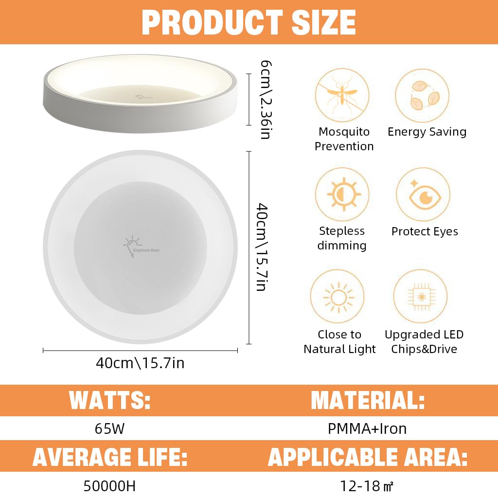 ELEPHANTBOAT® 32W-65W Modern LED Ceiling Light for 10-15 Square Meters, Adjustable 3-Color, 3000K-6000K with Remote, 15.75 Inch Dia Ceiling Light for Bedroom, Bathroom, Kitchen, Living Room