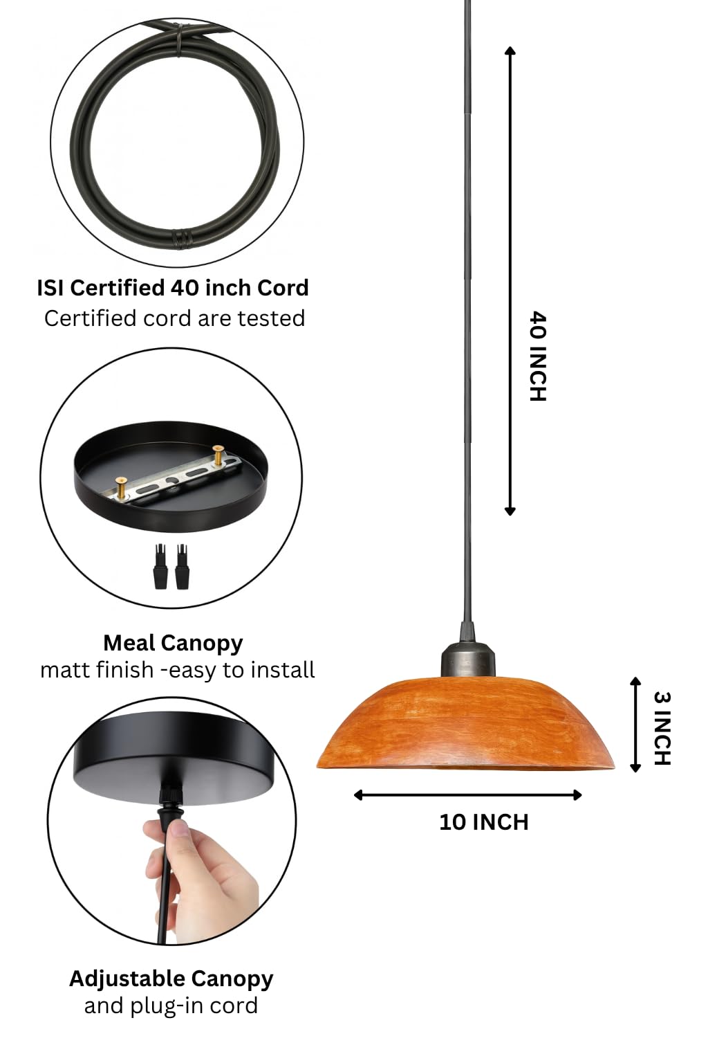 Wooden Hanging Lights for Living Room | Handcrafted Walnut Finish Ceiling Hanging Lamp | Adjustable Cord | Elegant Pendant Lights for Bedroom, Kitchen & Balcony Décor (LARGE-10 INCH)