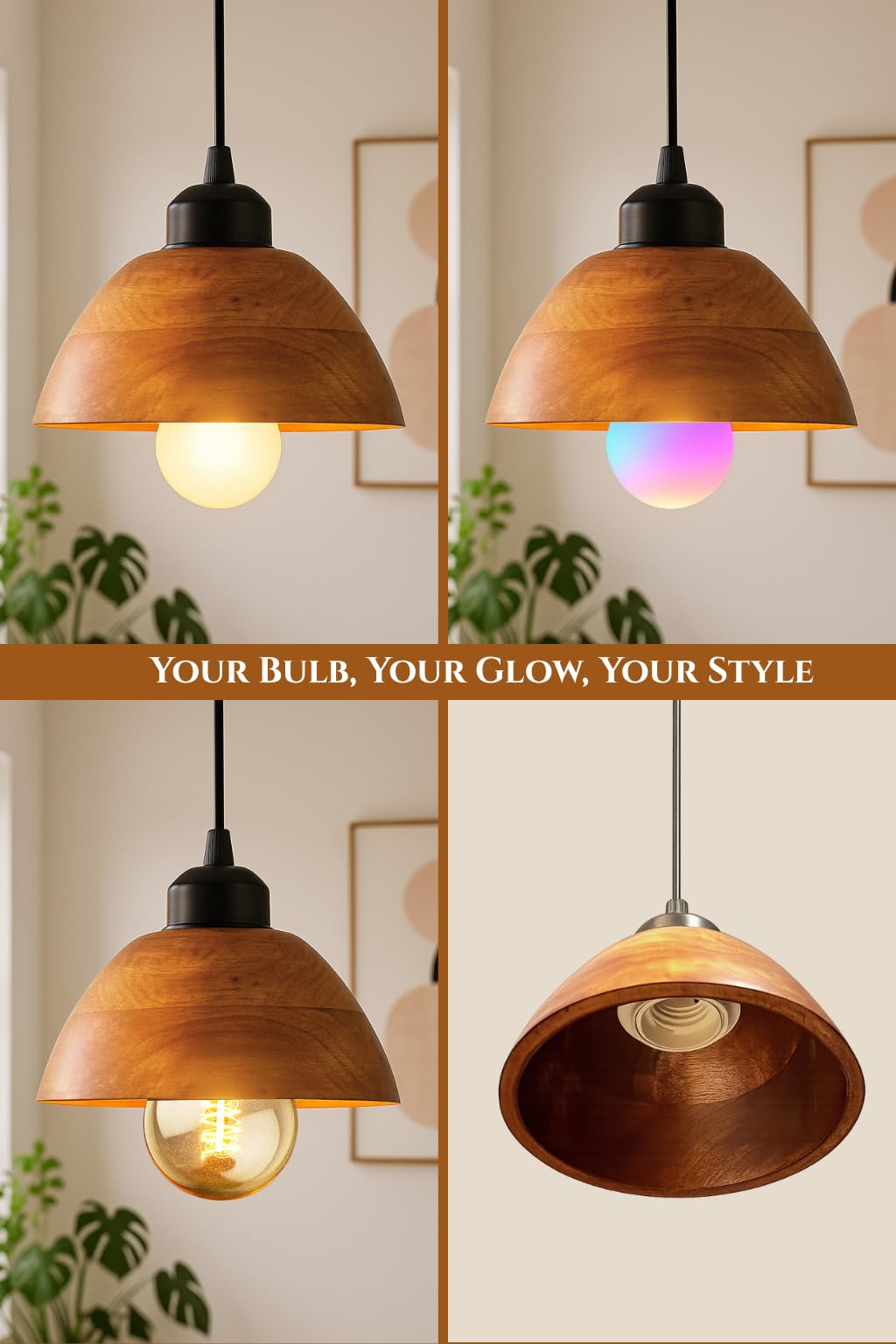 Wooden Hanging Lights for Living Room | Handcrafted Walnut Finish Ceiling Hanging Lamp | Adjustable Cord | Elegant Pendant Lights for Bedroom, Kitchen & Balcony Décor (LARGE-10 INCH)