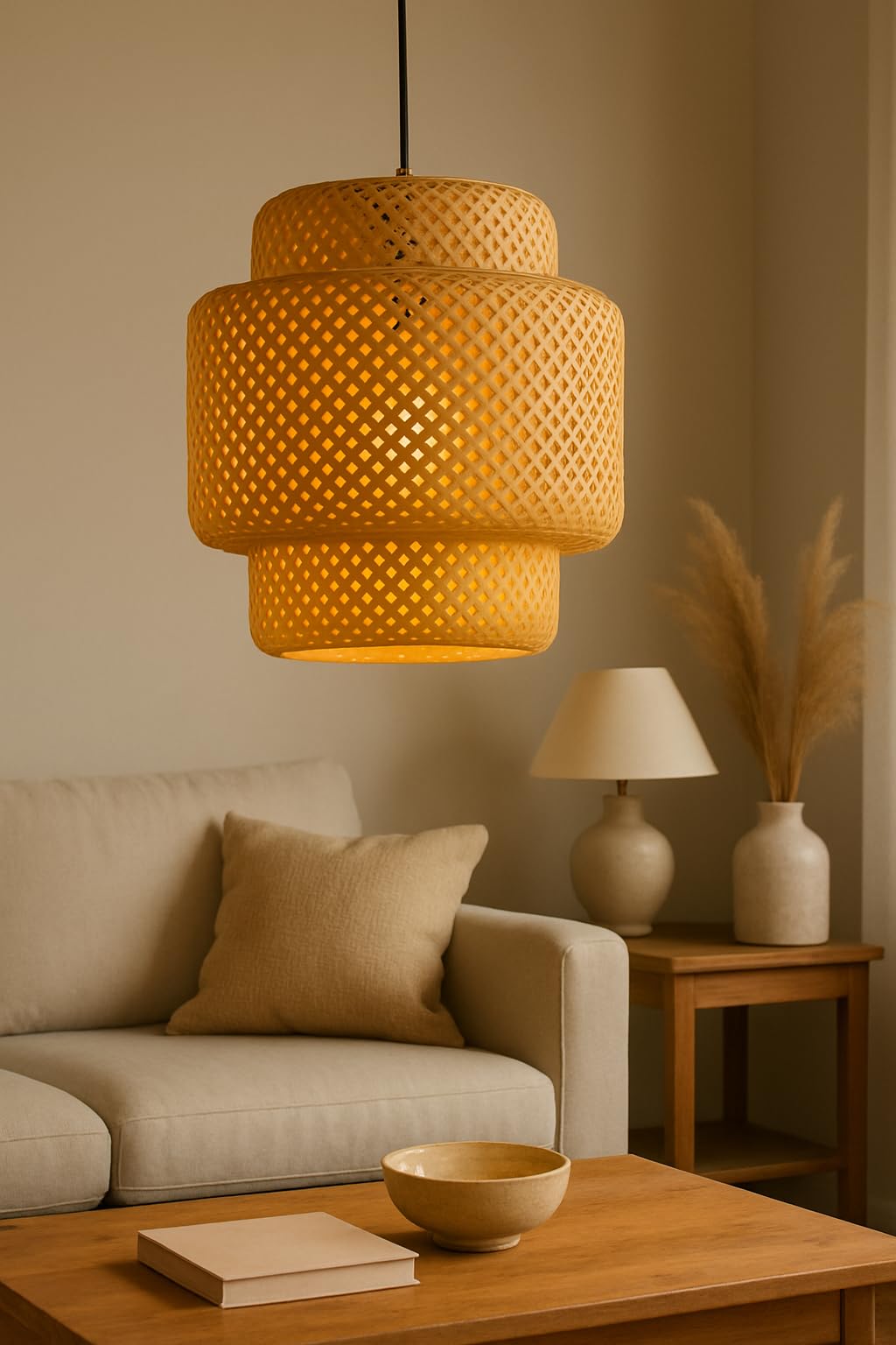 AKWAY Rattan Hanging lamp for Living Room | Bamboo Hanging Light for Bedroom | Cane Wicker Pendant lamp for Home Decoration (Bulb Not Included) (Bamboo Ceiling Lamp with Diffuser)