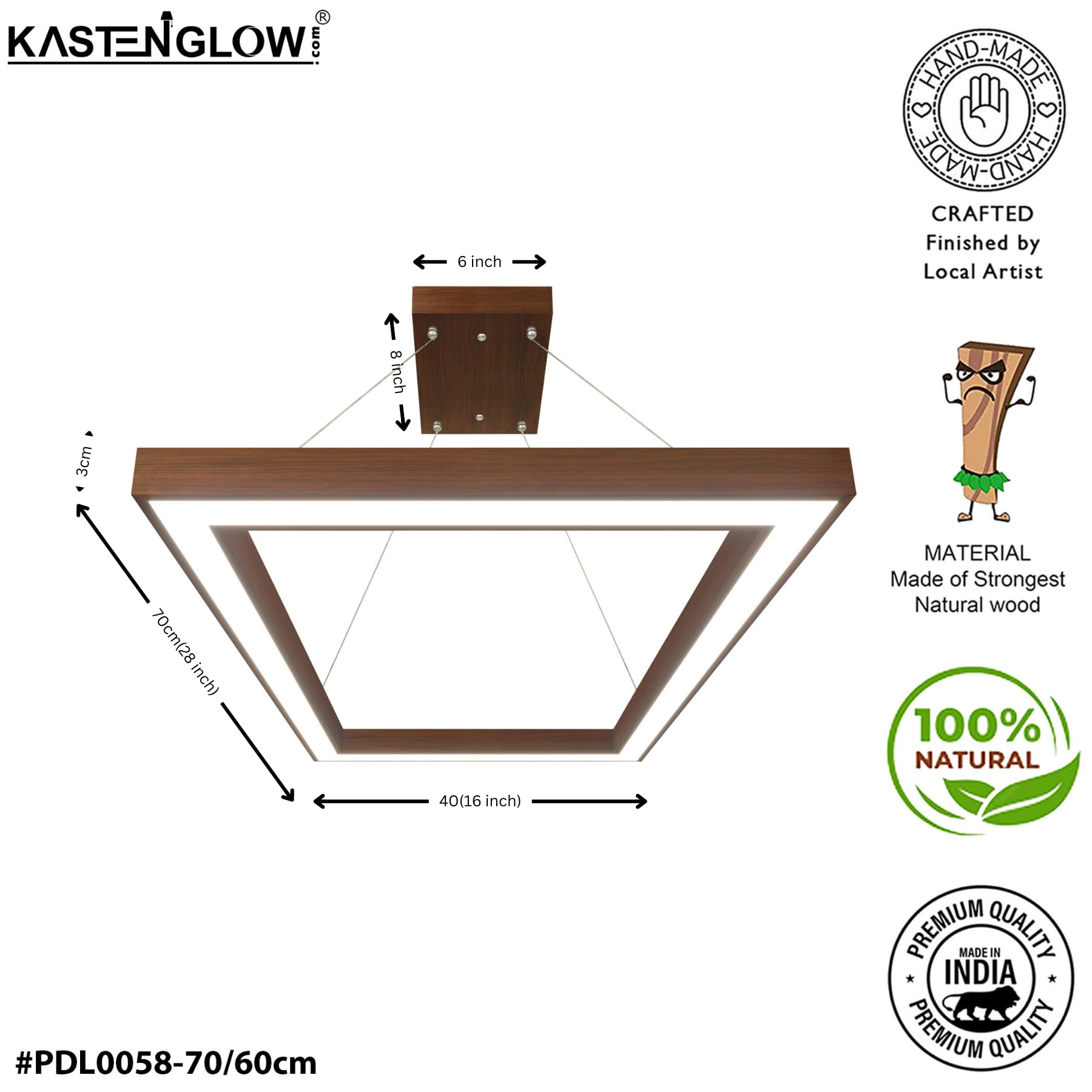 Decorative Rectangular LED Pendant Hanging Linear Lights, Wooden Ceiling Light for Living Room, Office, Dining Table, Kitchen | Wallnut Brown | 70×40 cm (28″×16″) - White LED