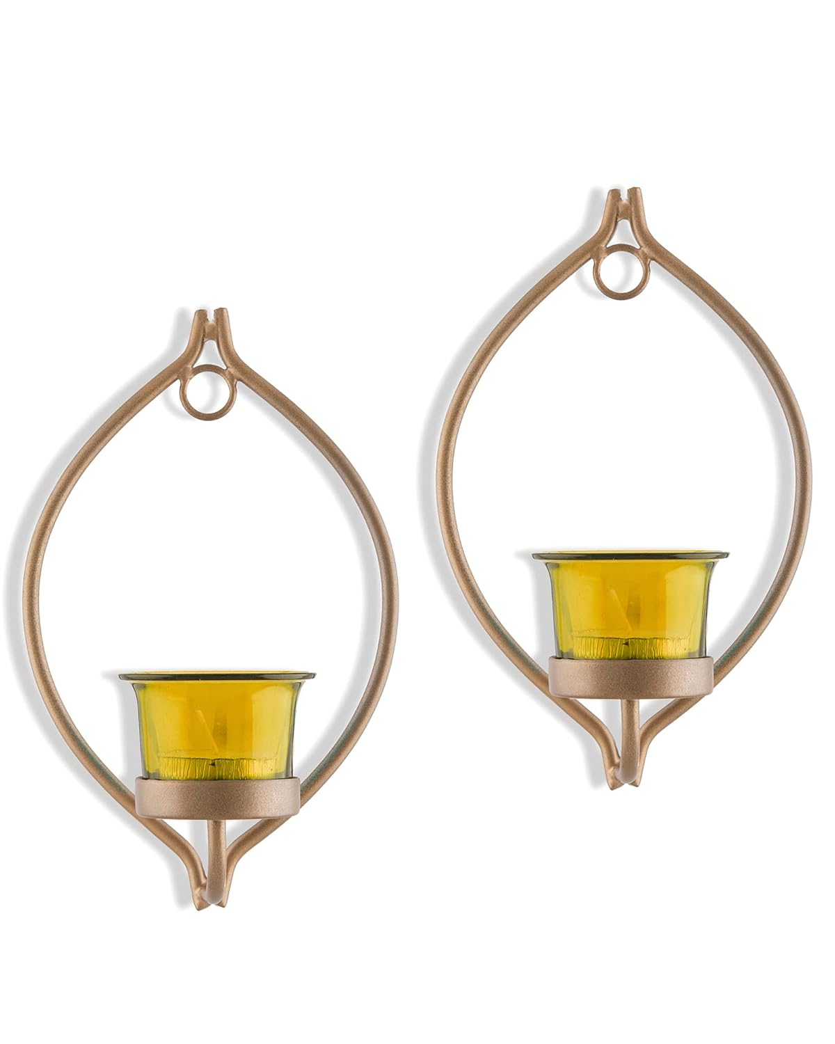 Homesake® Wall Candle Sconce Set of 2 Wrought Iron Candle Holder Hanging Wall Mounted Candle Sconces for Living Room Home Decor, Black with Glass and Free T-Light Candles (Eye Yellow Gold)