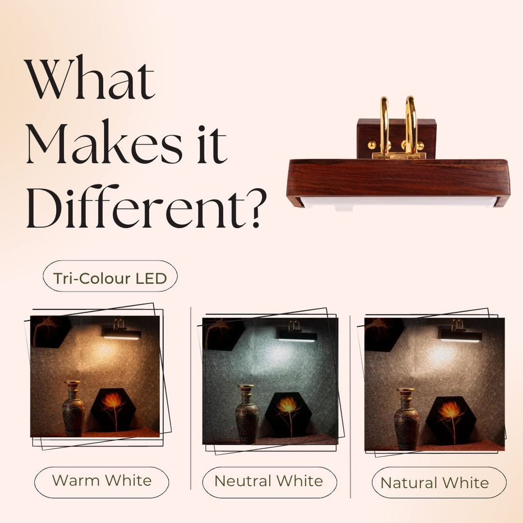 Green House Handmade Sheesham Wood Wall Light for Dressing Table/Mirror/Vanity/Bedroom/Bathroom/Living Room with 10W in-Built Tri-Colour LED/9 inches Wide/Gold Plated Brass Bands/Rivets/Moving Set