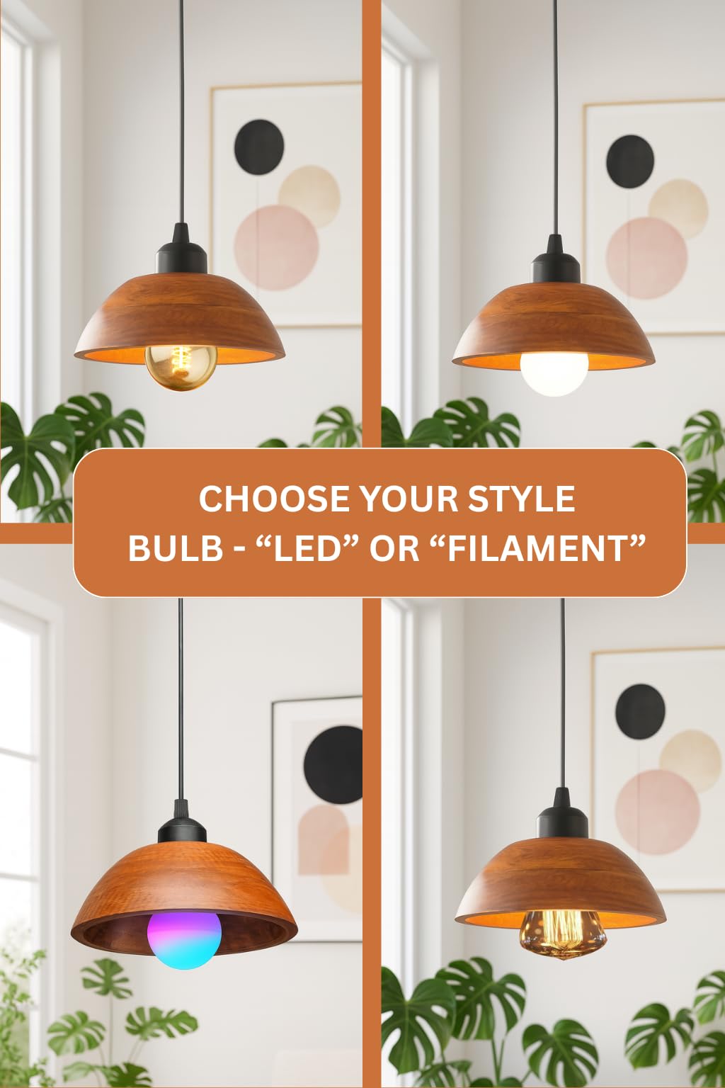 Wooden Hanging Lights for Living Room | Handcrafted Walnut Finish Ceiling Hanging Lamp | Adjustable Cord | Elegant Pendant Lights for Bedroom, Kitchen & Balcony Décor (LARGE-10 INCH)