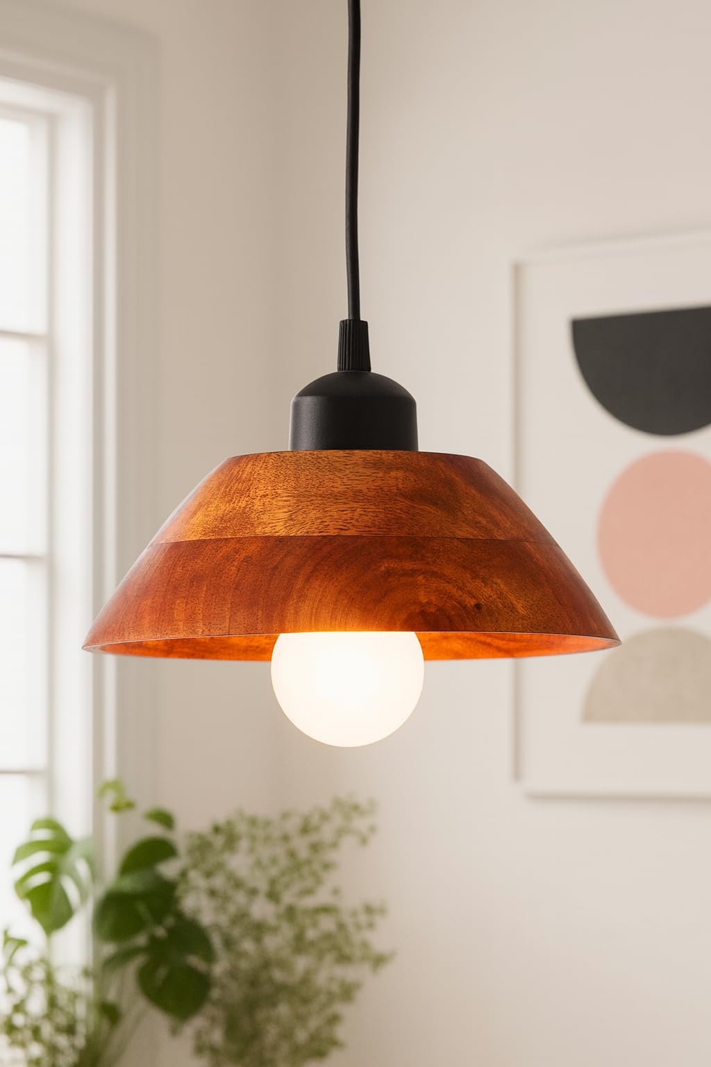 Wooden Hanging Lights for Living Room | Handcrafted Walnut Finish Ceiling Hanging Lamp | Adjustable Cord | Elegant Pendant Lights for Bedroom, Kitchen & Balcony Décor (LARGE-10 INCH)