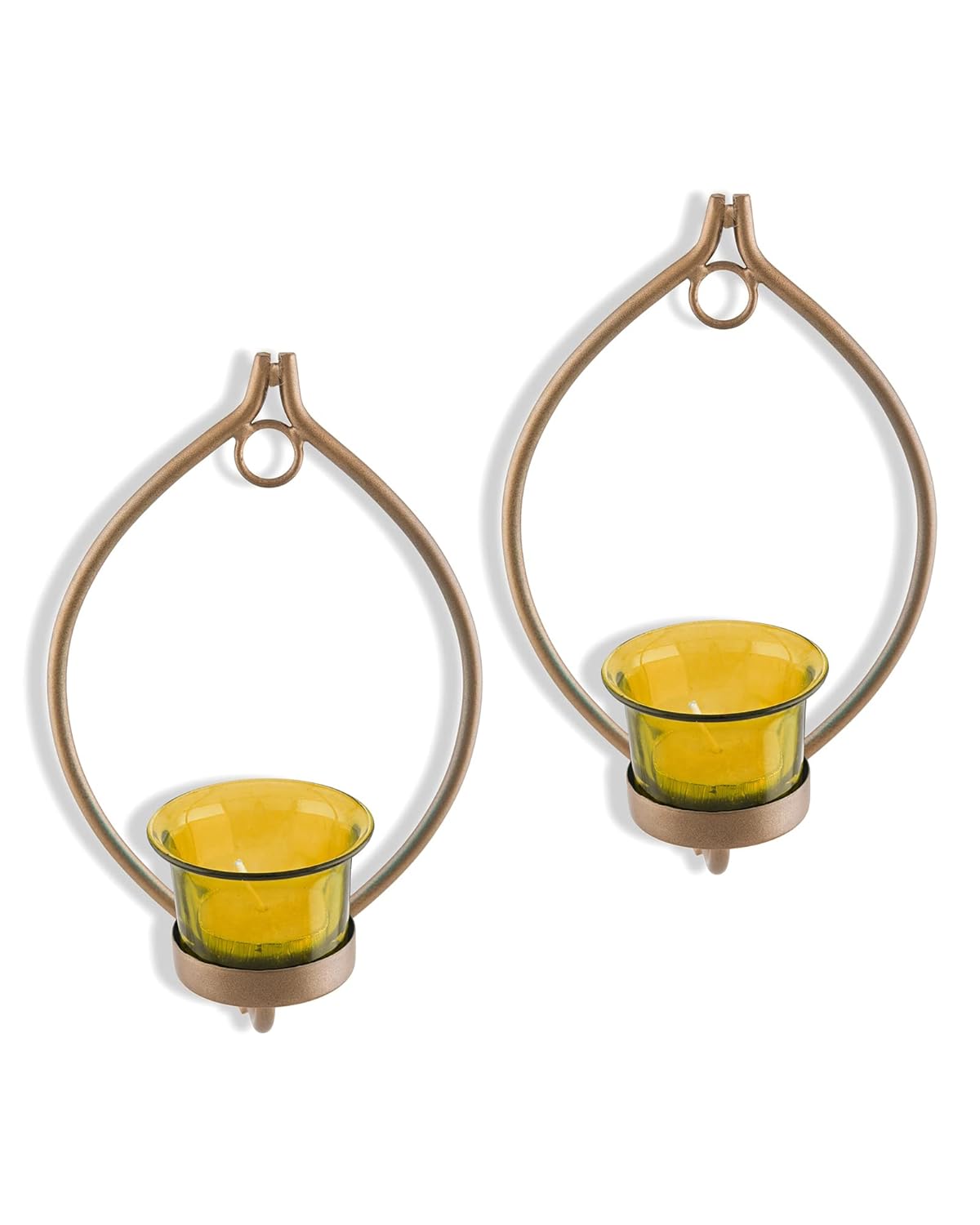 Homesake® Wall Candle Sconce Set of 2 Wrought Iron Candle Holder Hanging Wall Mounted Candle Sconces for Living Room Home Decor, Black with Glass and Free T-Light Candles (Eye Yellow Gold)