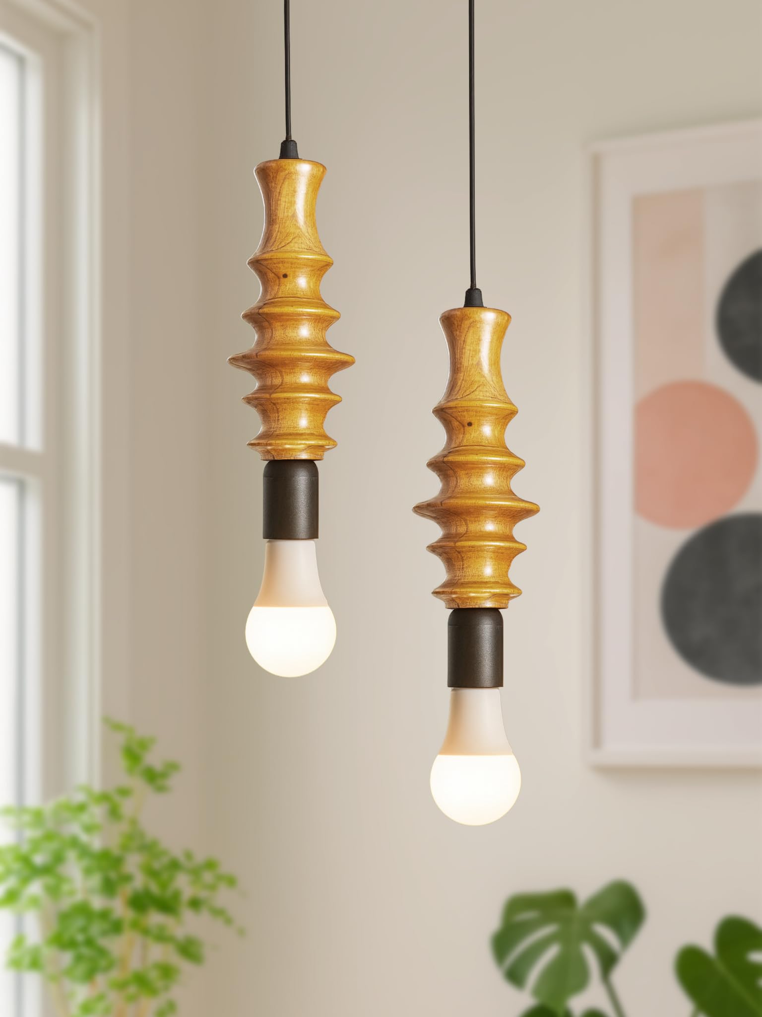 Wooden Hanging Lights for Living Room – Modern Chandelier Lights for Ceiling | Wood Finish Spindle Light for Living Room, Bedroom, Kitchen, Dining | Decorative Home Lighting