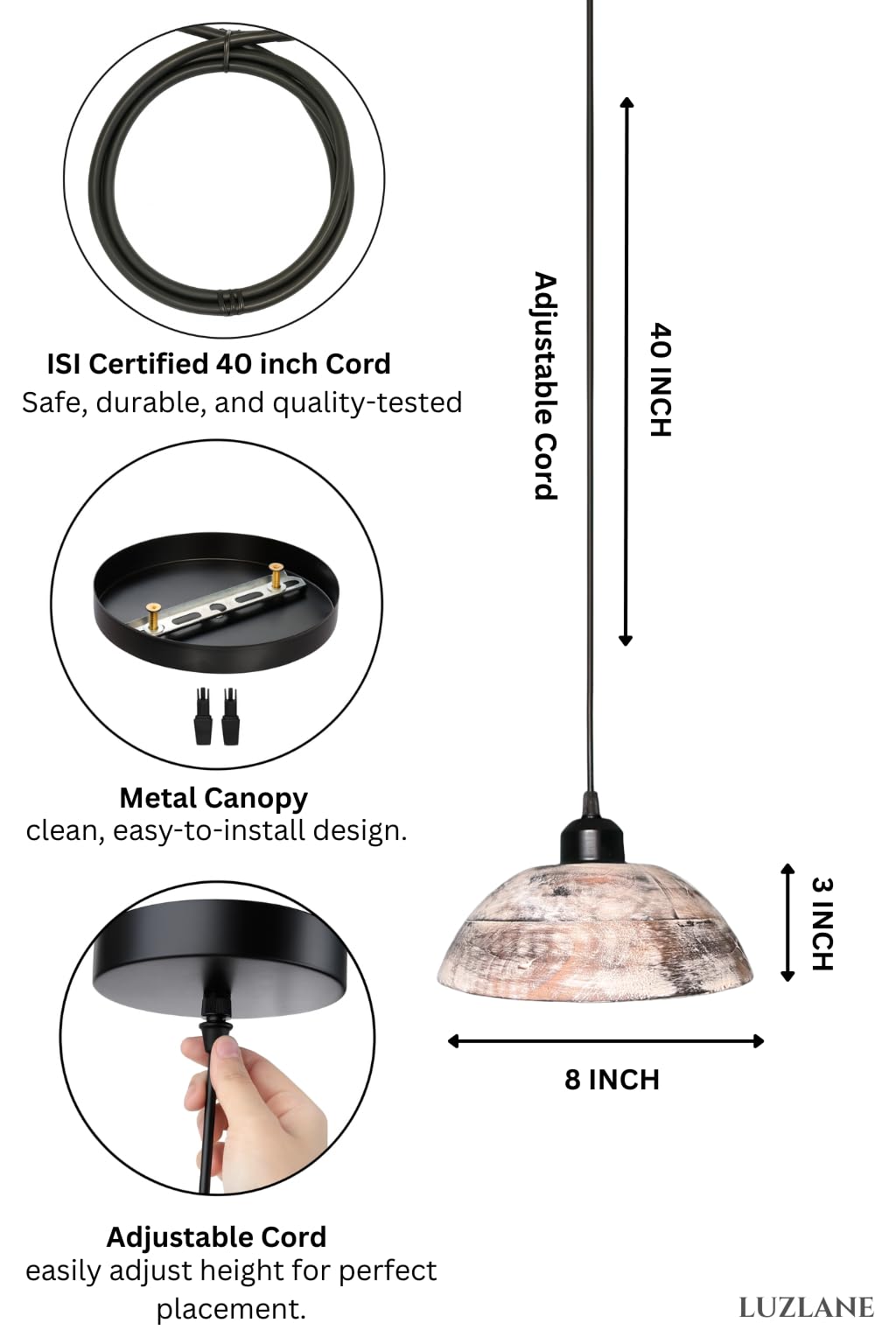 Wooden Hanging Lights for Living Room | Handcrafted Walnut Finish Ceiling Hanging Lamp | Adjustable Cord | Elegant Pendant Lights for Bedroom, Kitchen & Balcony Décor (LARGE-10 INCH)