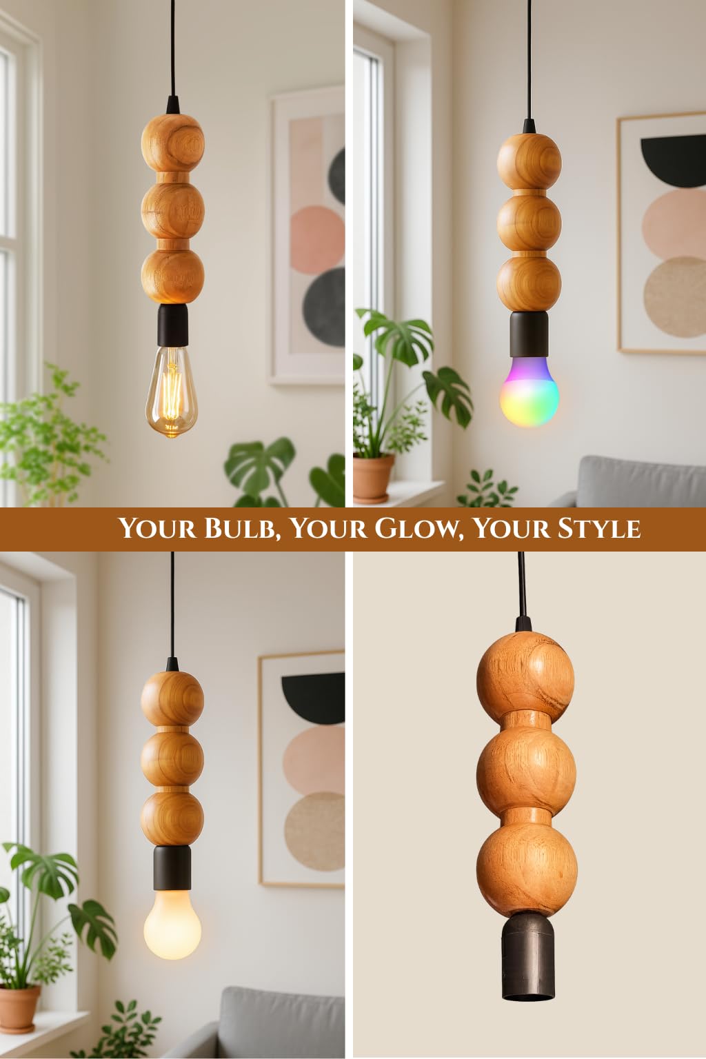 Wooden Hanging Lights for Living Room | Handcrafted Walnut Finish Ceiling Hanging Lamp | Adjustable Cord | Elegant Pendant Lights for Bedroom, Kitchen & Balcony Décor (LARGE-10 INCH)