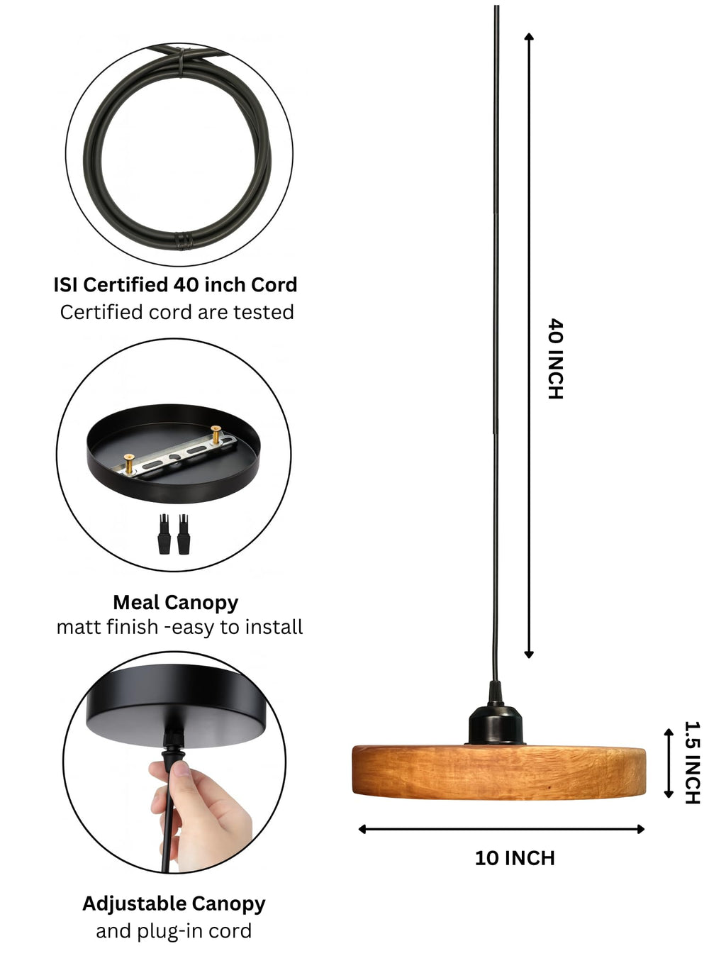 Wooden Hanging Lights for Living Room | Handcrafted Walnut Finish Ceiling Hanging Lamp | Adjustable Cord | Elegant Pendant Lights for Bedroom, Kitchen & Balcony Décor (LARGE-10 INCH)