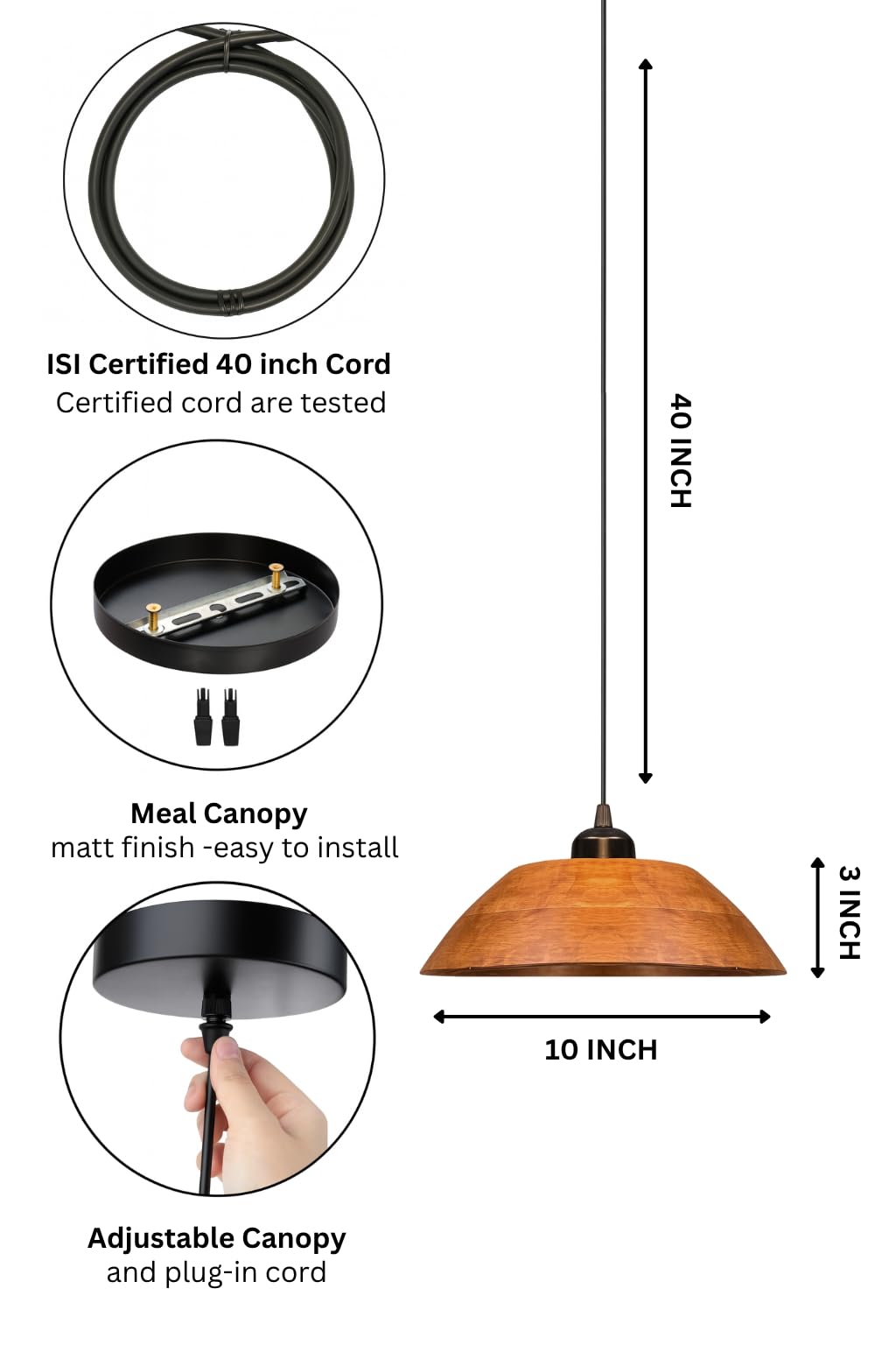 Wooden Hanging Lights for Living Room | Handcrafted Walnut Finish Ceiling Hanging Lamp | Adjustable Cord | Elegant Pendant Lights for Bedroom, Kitchen & Balcony Décor (LARGE-10 INCH)