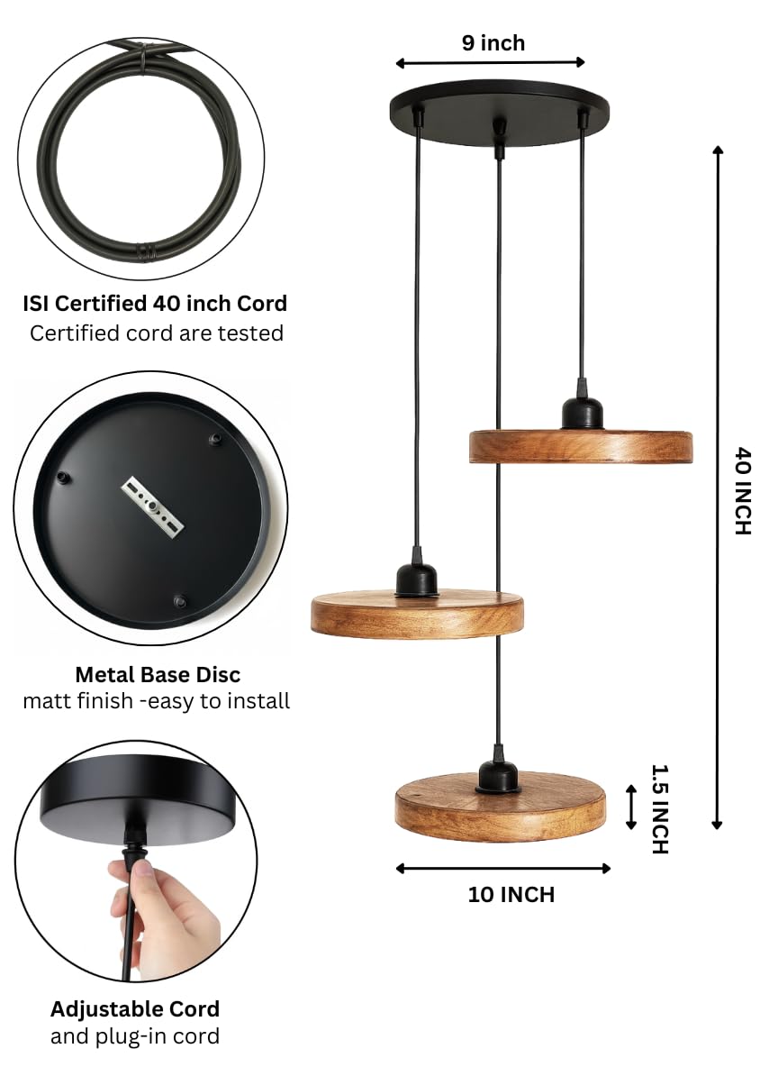 Wooden Handcrafted Hanging Lights Cluster Set of 3 for Living Room | Adjustable Cord | Walnut Finish | Modern Vintage Ceiling Pendant Lamp for Ceiling for Bedroom & Balcony