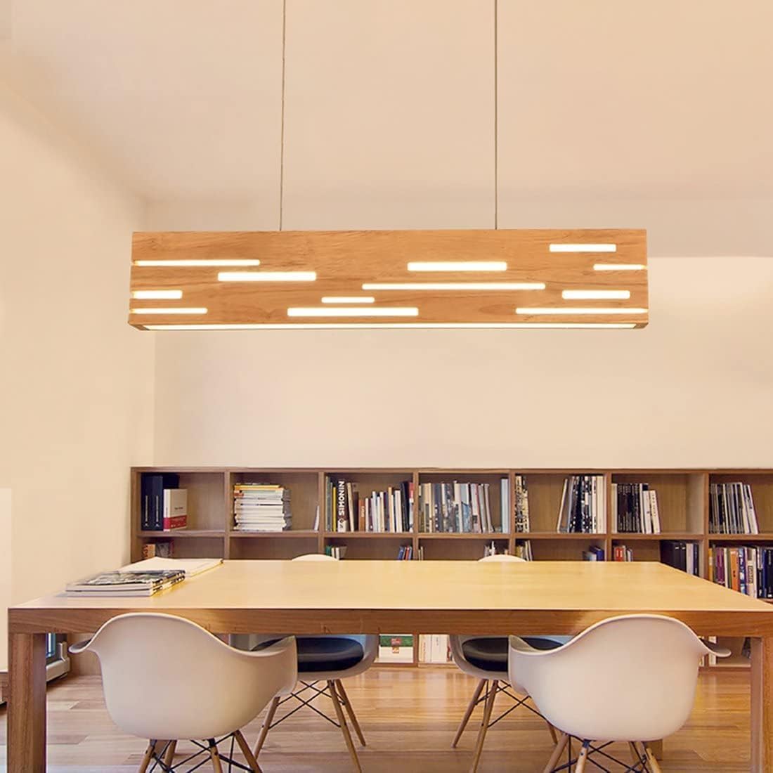 Artica Wooden Rectangular LED Ceiling Lamp – Modern Pine Wood Chandelier Pendant Light | Minimalist Wooden Hanging Lamp for Home, Office & Restaurant Décor