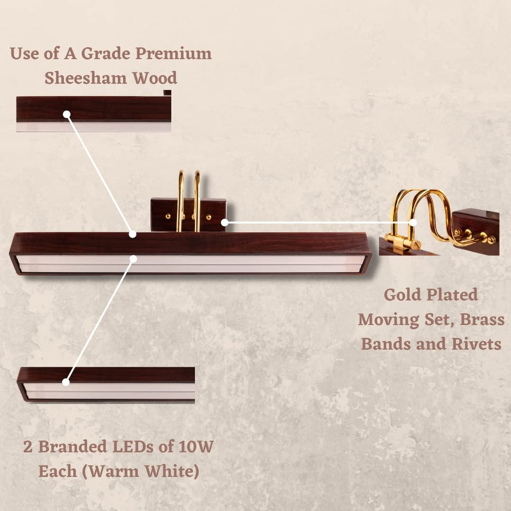Green House Handmade Sheesham Wood Wall Light for Dressing Table/Mirror/Vanity/Bedroom/Bathroom/Living Room with 10W in-Built Tri-Colour LED/9 inches Wide/Gold Plated Brass Bands/Rivets/Moving Set