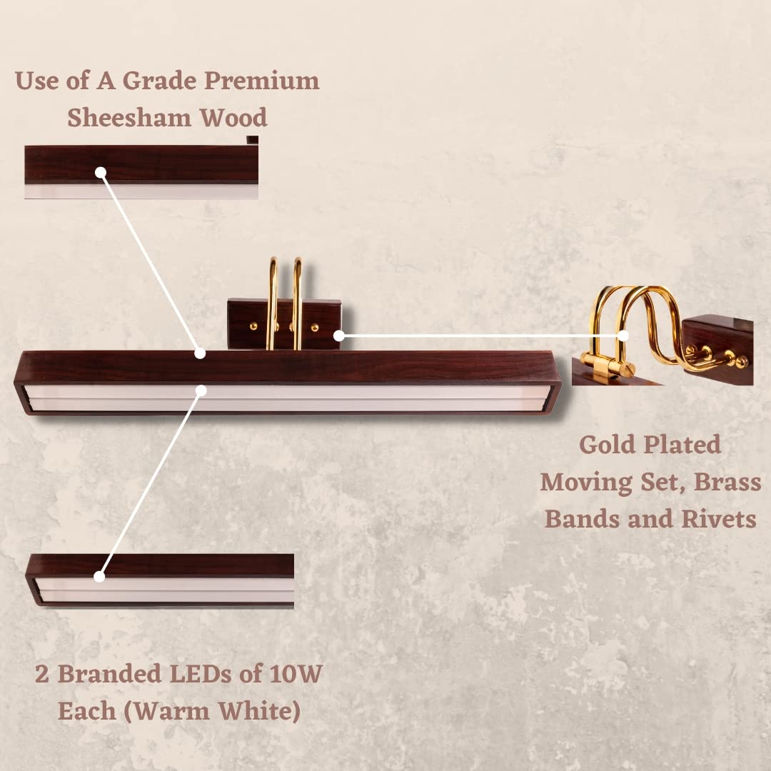 Green House Handmade Sheesham Wood Wall Light for Dressing Table/Mirror/Vanity/Bedroom/Bathroom/Living Room with 10W in-Built Tri-Colour LED/9 inches Wide/Gold Plated Brass Bands/Rivets/Moving Set