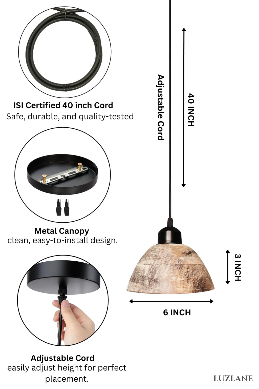 Wooden Hanging Lights for Living Room | Handcrafted Walnut Finish Ceiling Hanging Lamp | Adjustable Cord | Elegant Pendant Lights for Bedroom, Kitchen & Balcony Décor (LARGE-10 INCH)