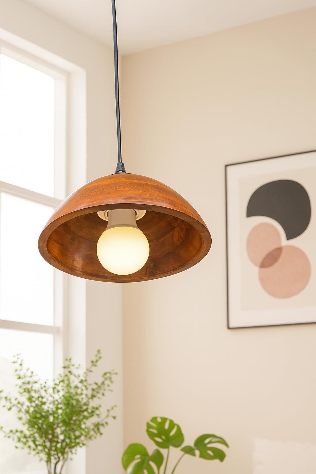 Wooden Hanging Lights for Living Room | Handcrafted Walnut Finish Ceiling Hanging Lamp | Adjustable Cord | Elegant Pendant Lights for Bedroom, Kitchen & Balcony Décor (LARGE-10 INCH)