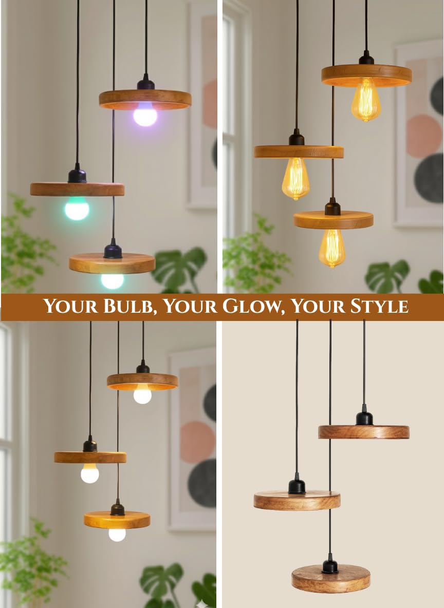 Wooden Handcrafted Hanging Lights Cluster Set of 3 for Living Room | Adjustable Cord | Walnut Finish | Modern Vintage Ceiling Pendant Lamp for Ceiling for Bedroom & Balcony