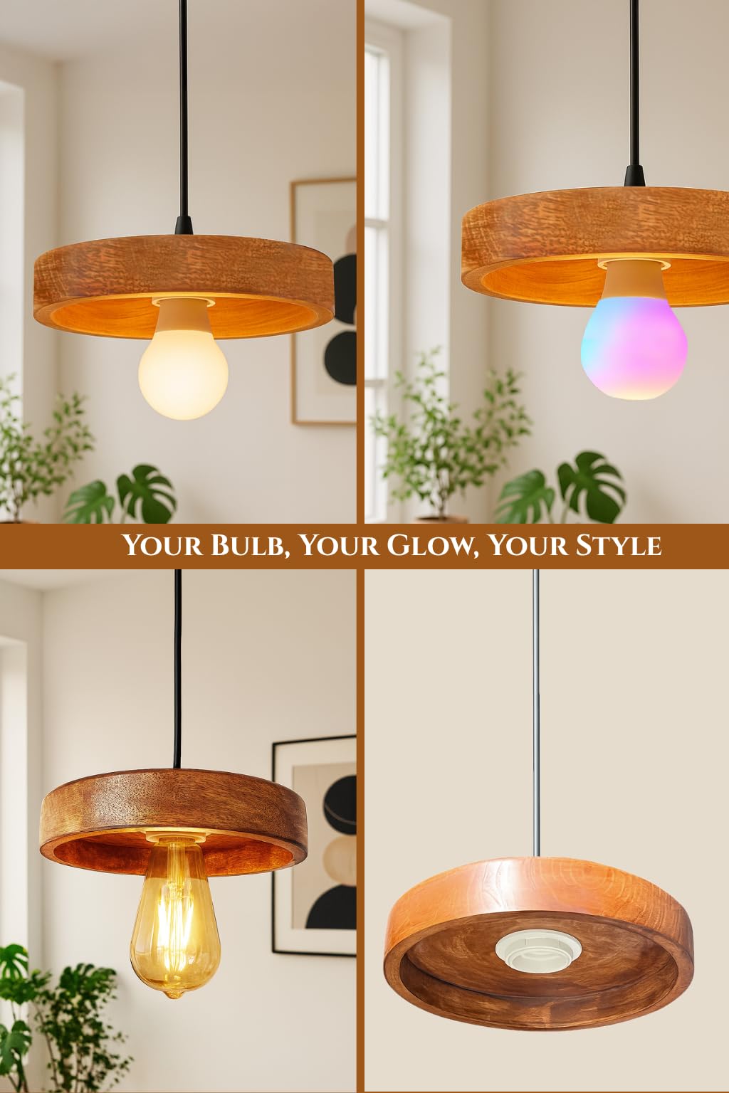 Wooden Hanging Lights for Living Room | Handcrafted Walnut Finish Ceiling Hanging Lamp | Adjustable Cord | Elegant Pendant Lights for Bedroom, Kitchen & Balcony Décor (LARGE-10 INCH)