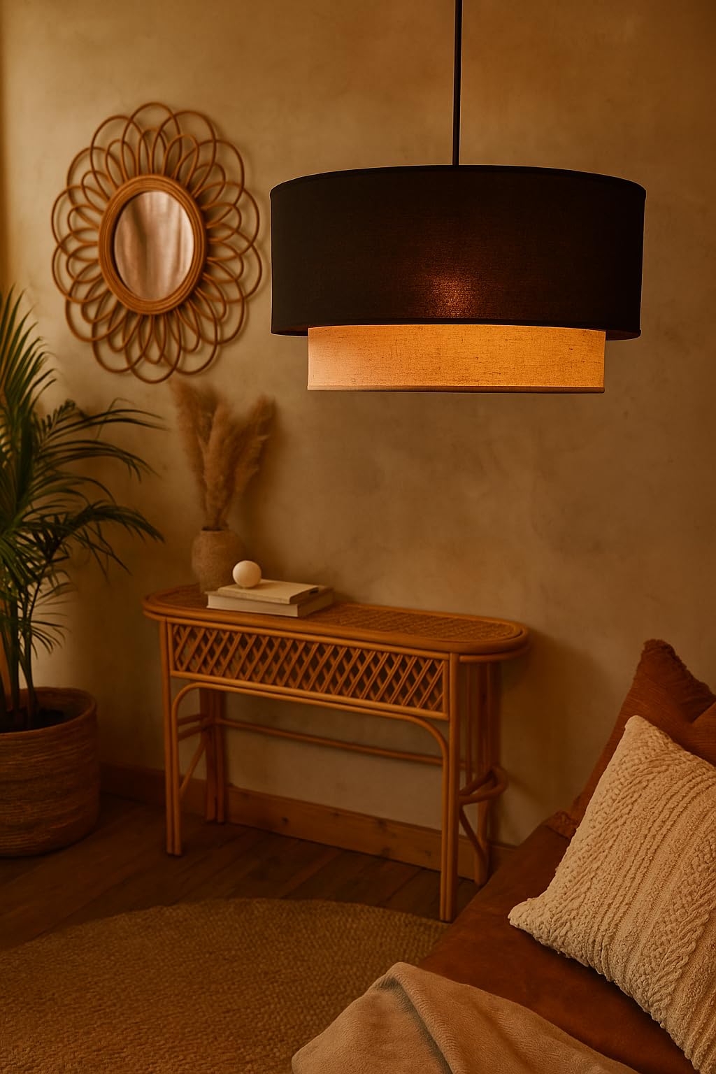 AKWAY Jute Hanging Lamp | Boho Ceiling Lamp for Bedroom, Living Room | Natural Jute Pendant Light | Perfect for Living Room, Dining Room or Office Lighting (16" D x 10" H) - Keya