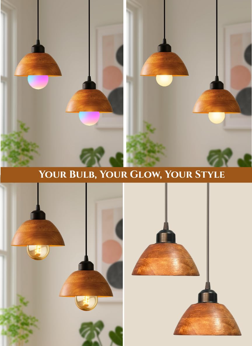 Wooden Hanging Pendant Lights Set of 2 for Bedroom | Modern Walnut Dome Hanging Lights for Living Room with Adjustable Cord | Pendant Lights for Kitchen Balcony