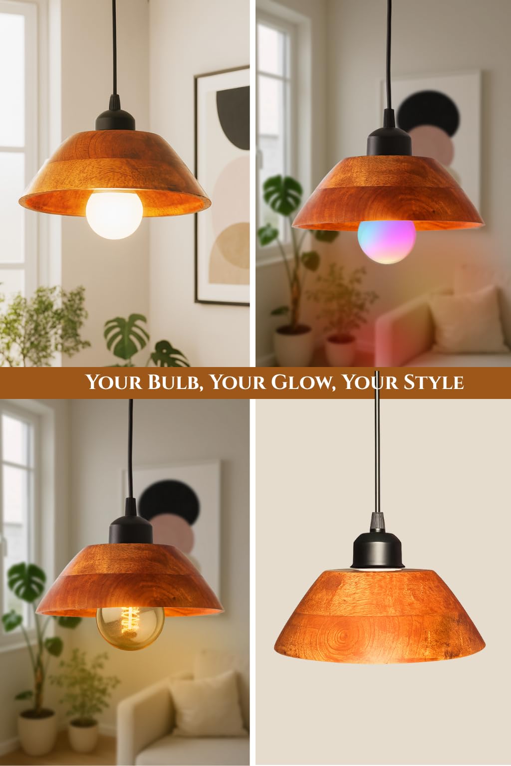 Wooden Hanging Lights for Living Room | Handcrafted Walnut Finish Ceiling Hanging Lamp | Adjustable Cord | Elegant Pendant Lights for Bedroom, Kitchen & Balcony Décor (LARGE-10 INCH)