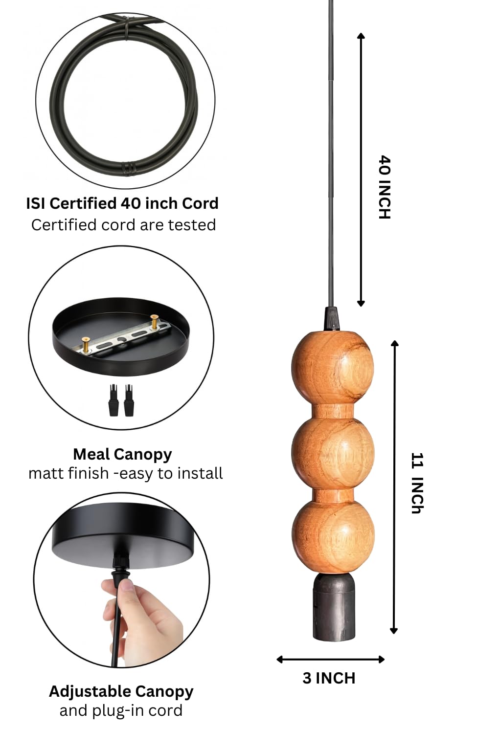 Wooden Hanging Lights for Living Room | Handcrafted Walnut Finish Ceiling Hanging Lamp | Adjustable Cord | Elegant Pendant Lights for Bedroom, Kitchen & Balcony Décor (LARGE-10 INCH)