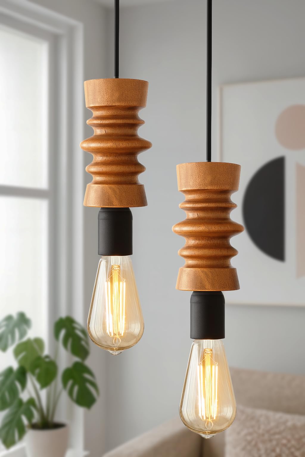 Wooden Hanging Lights for Living Room – Modern Chandelier Lights for Ceiling | Wood Finish Spindle Light for Living Room, Bedroom, Kitchen, Dining | Decorative Home Lighting