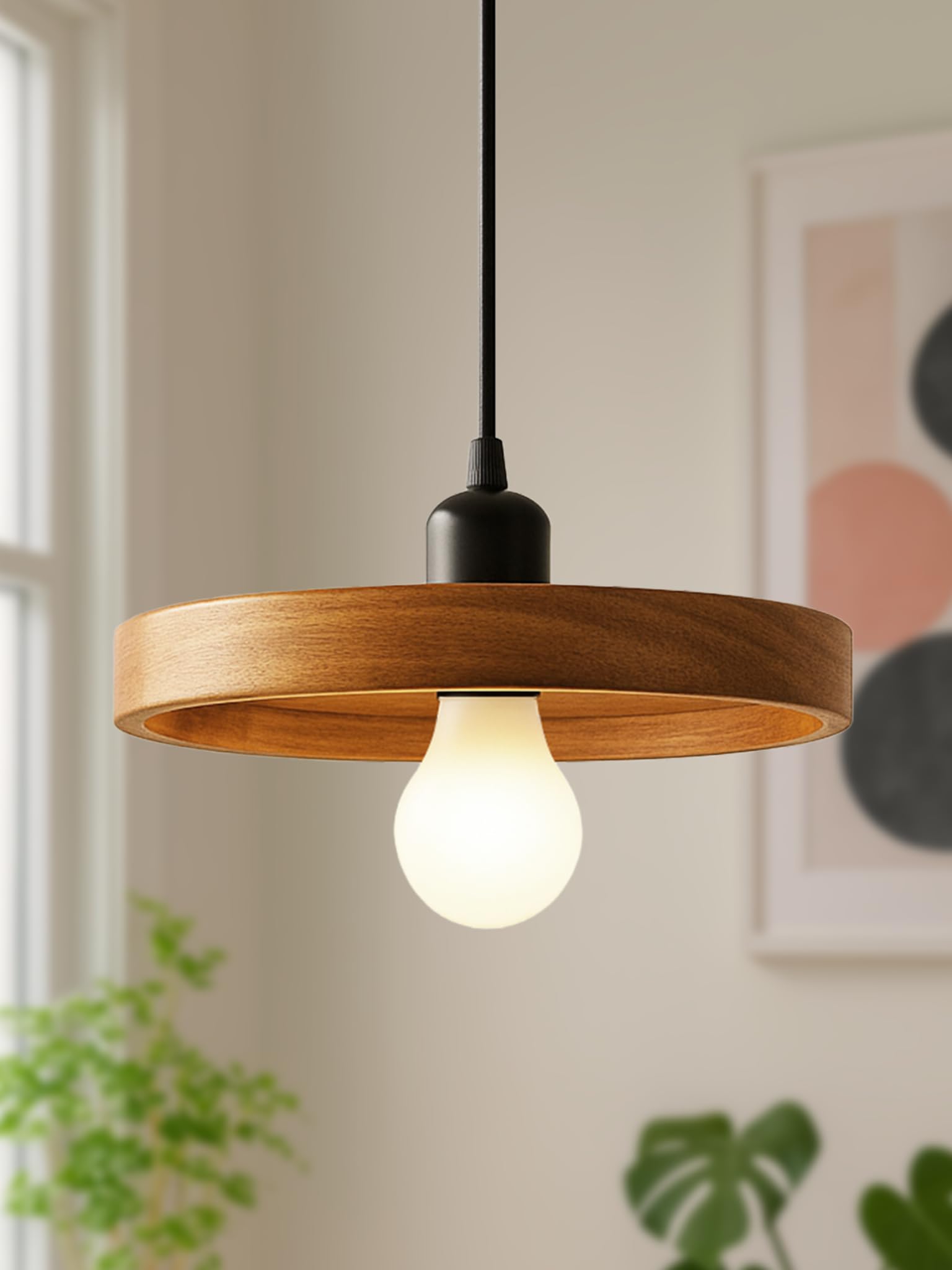 Wooden Hanging Lights for Living Room | Handcrafted Walnut Finish Ceiling Hanging Lamp | Adjustable Cord | Elegant Pendant Lights for Bedroom, Kitchen & Balcony Décor (LARGE-10 INCH)