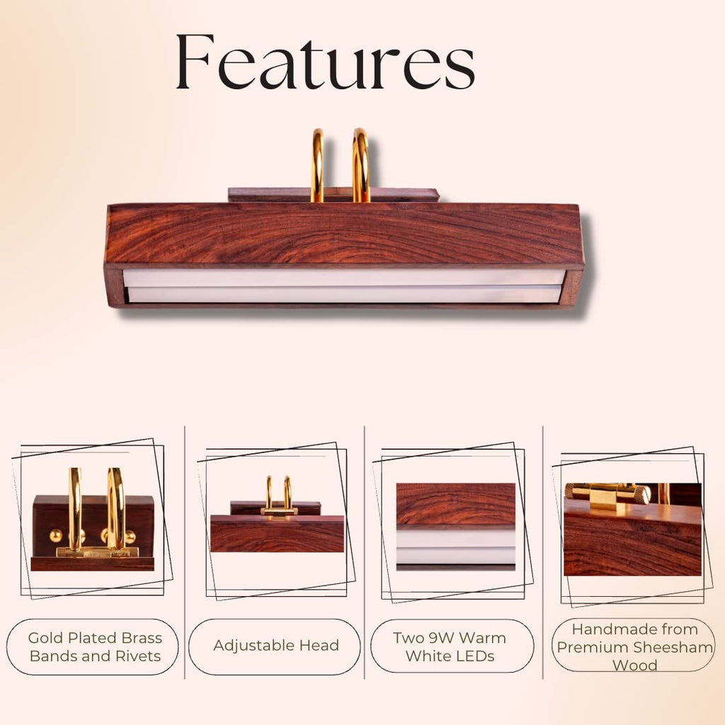 Green House Handmade Sheesham Wood Wall Light for Dressing Table/Mirror/Vanity/Bedroom/Bathroom/Living Room with 10W in-Built Tri-Colour LED/9 inches Wide/Gold Plated Brass Bands/Rivets/Moving Set