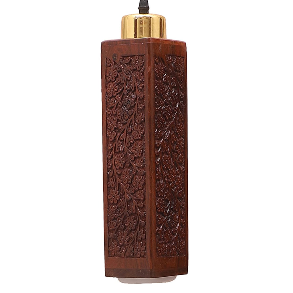 Green House Fully Handmade Sheesham Wood Hanging/Ceiling/Pendant Light | Intricate Carving | 9W in-Built Warm White LED | Brass Rivets | Perfect for Bedroom, Kitchen, Dining Room, Hallway