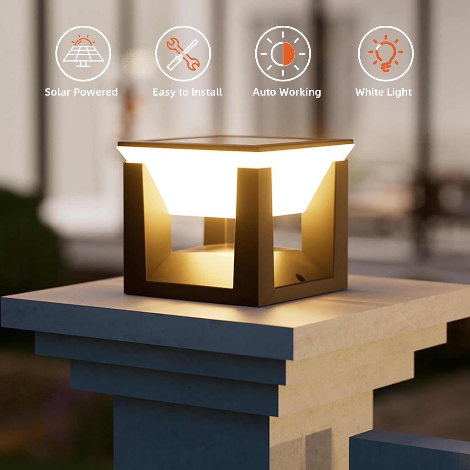 LITVERSE Abs Solar Post Pillar Light,10.5 cm Small Outdoor Waterproof Outdoor LED Post Cap Light for Garden,Patio,Deck & Pillar Decoration|2 Brightness Levels|Dusk to Dawn|Modern Design (1 Pack),Black