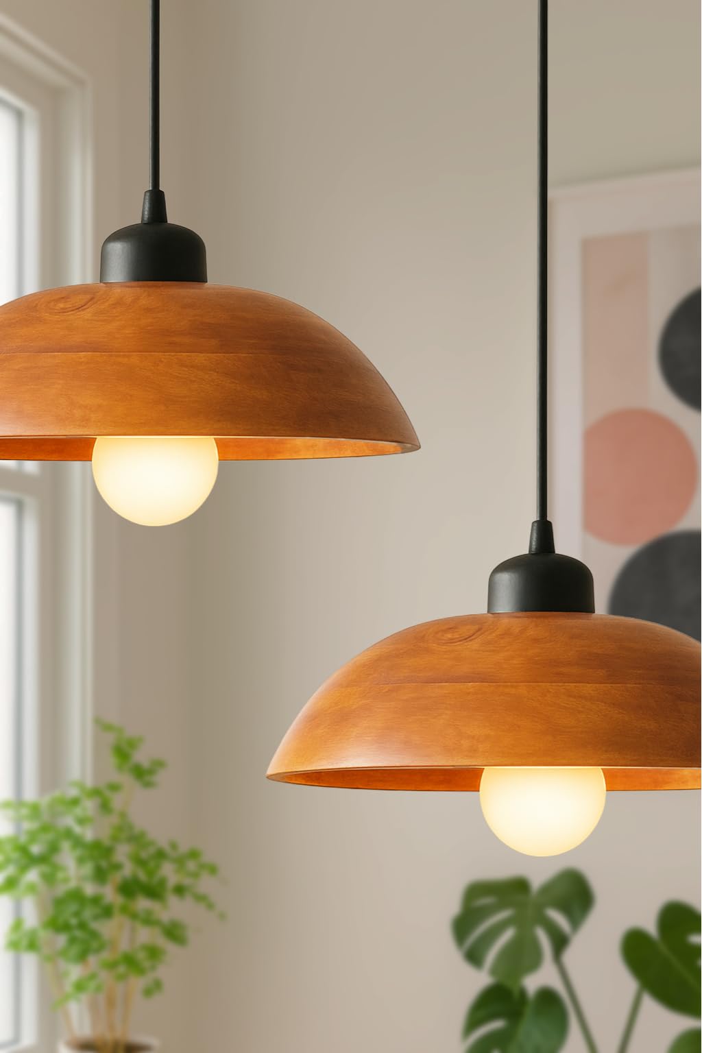 Wooden Hanging Lights for Living Room | Handcrafted Walnut Finish Ceiling Hanging Lamp | Adjustable Cord | Elegant Pendant Lights for Bedroom, Kitchen & Balcony Décor (LARGE-10 INCH)