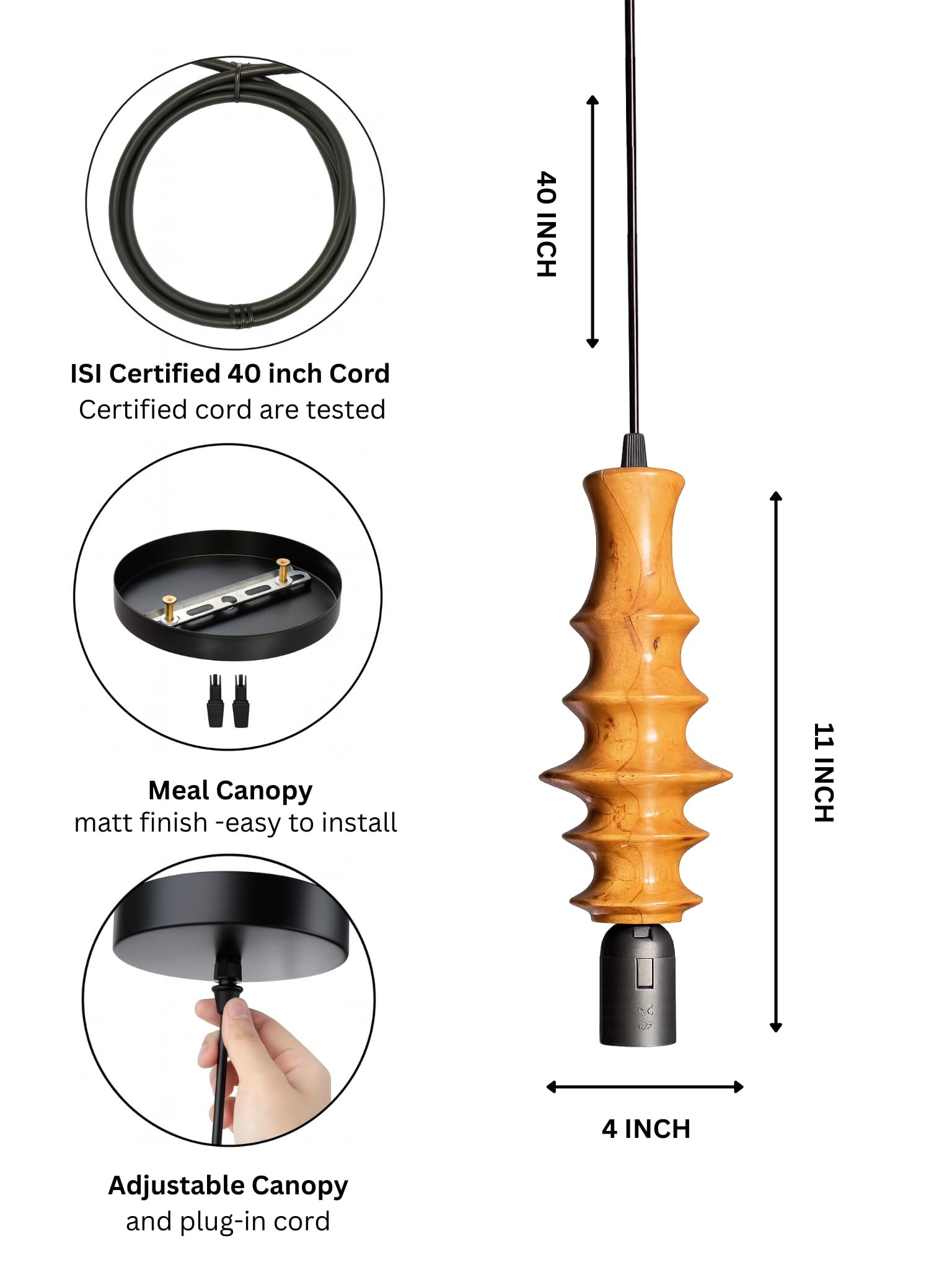 Wooden Hanging Lights for Living Room | Handcrafted Walnut Finish Ceiling Hanging Lamp | Adjustable Cord | Elegant Pendant Lights for Bedroom, Kitchen & Balcony Décor (LARGE-10 INCH)