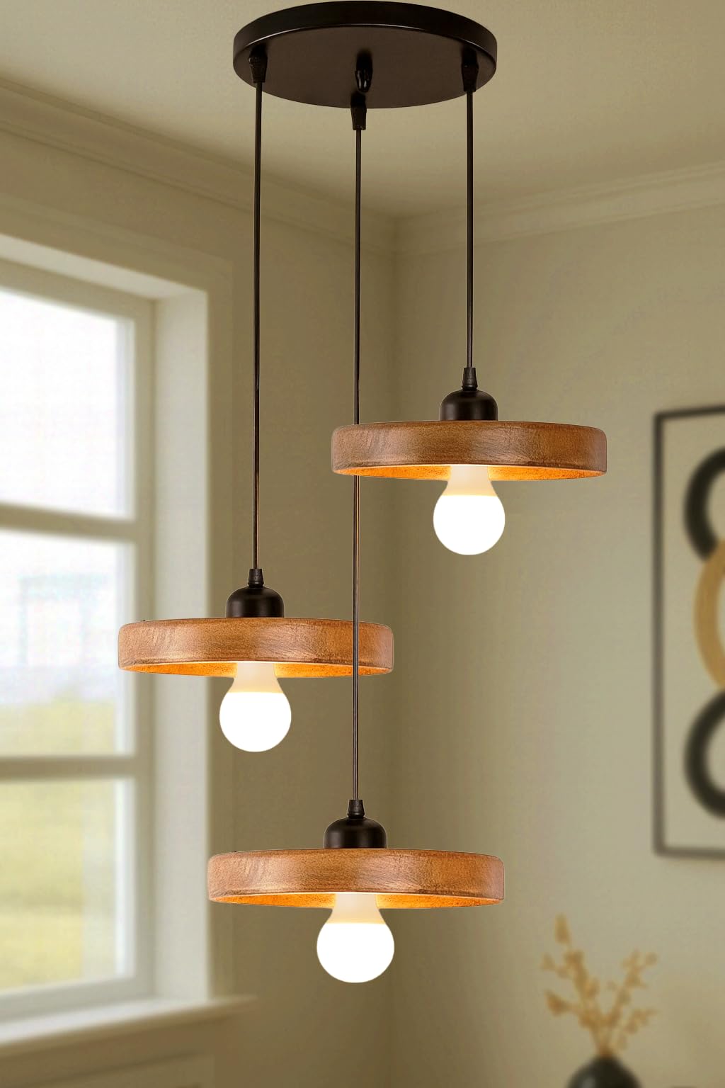 Wooden Handcrafted Hanging Lights Cluster Set of 3 for Living Room | Adjustable Cord | Walnut Finish | Modern Vintage Ceiling Pendant Lamp for Ceiling for Bedroom & Balcony