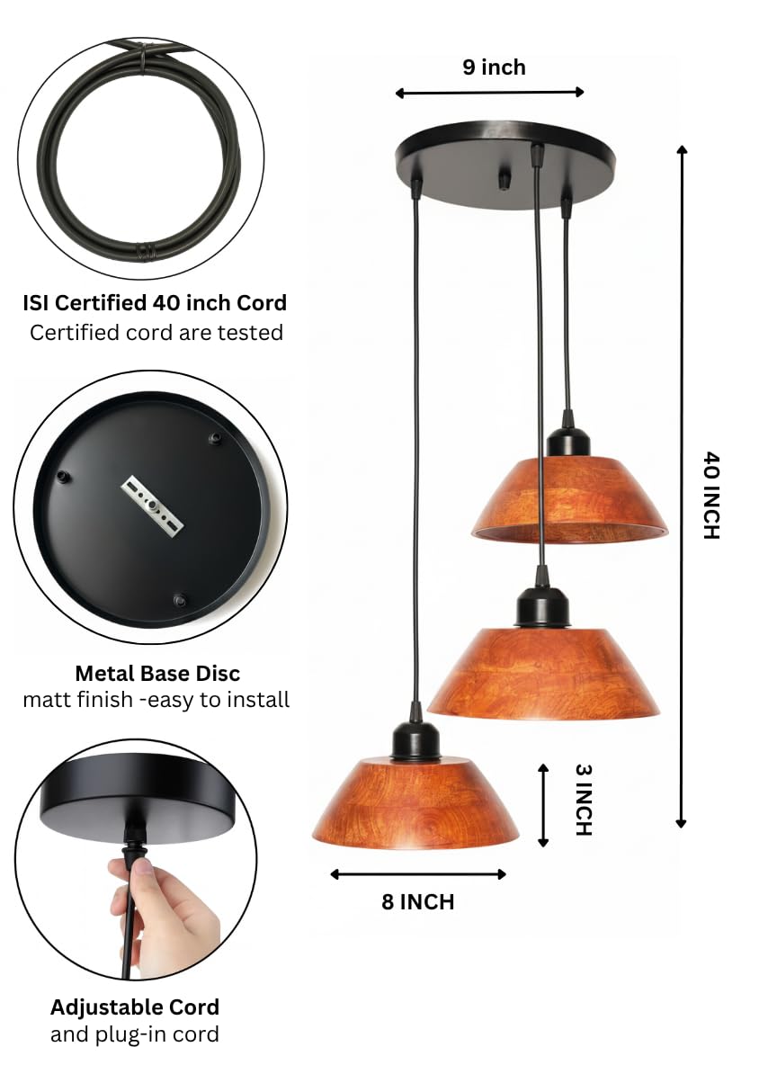 Vintage Modern Wooden Hanging Lights for Living Room, Bedroom, Home Decoration | Walnut Polish (Set of 3 Lights Chandelier)