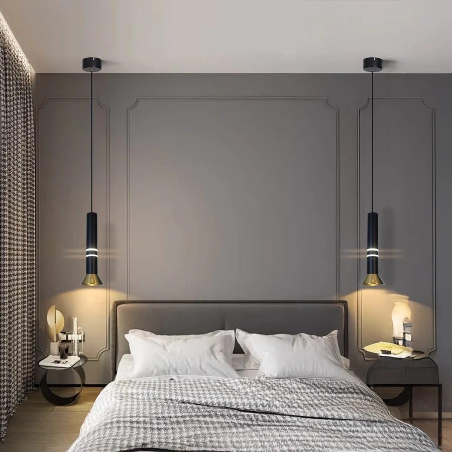 Hanging Light Black & Gold Pendant Lamp | Modern Cylindrical Spotlight with 3 Color LED (Warm White, Natural White, Cool White) | Ceiling Lights for Living Room Bedroom Dining