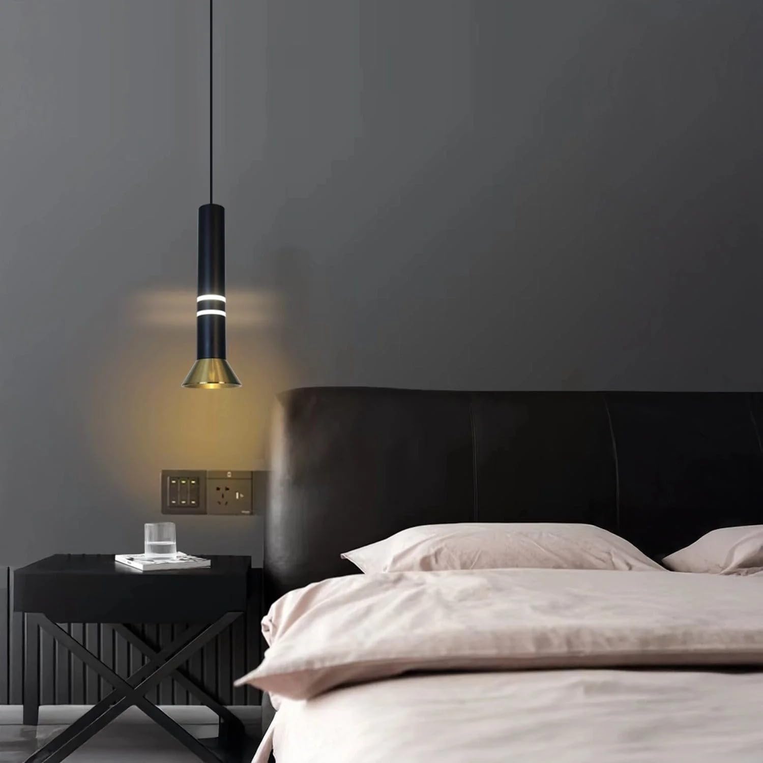 Hanging Light Black & Gold Pendant Lamp | Modern Cylindrical Spotlight with 3 Color LED (Warm White, Natural White, Cool White) | Ceiling Lights for Living Room Bedroom Dining