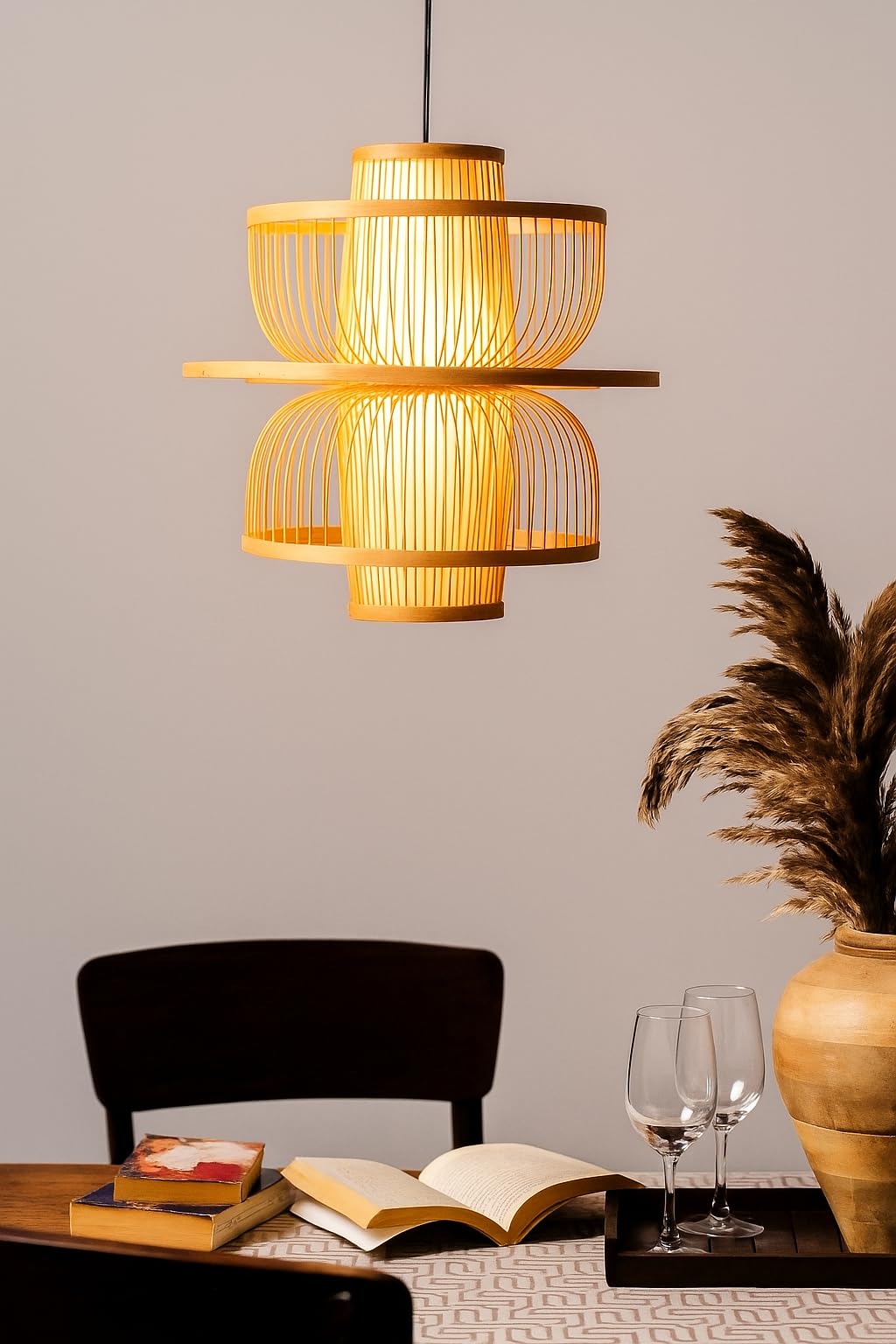 AKWAY Rattan Hanging lamp for Living Room | Bamboo Hanging Light for Bedroom | Cane Wicker Pendant lamp for Home Decoration (Bulb Not Included) (Bamboo Ceiling Lamp with Diffuser)