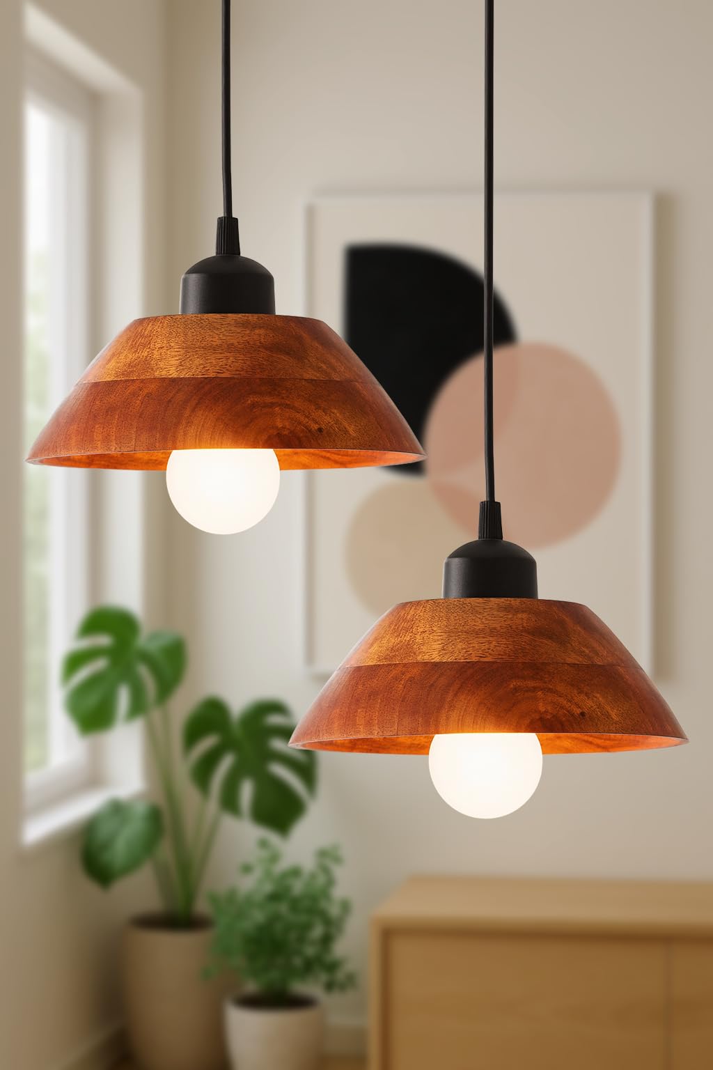 Wooden Hanging Lights for Living Room | Handcrafted Walnut Finish Ceiling Hanging Lamp | Adjustable Cord | Elegant Pendant Lights for Bedroom, Kitchen & Balcony Décor (LARGE-10 INCH)