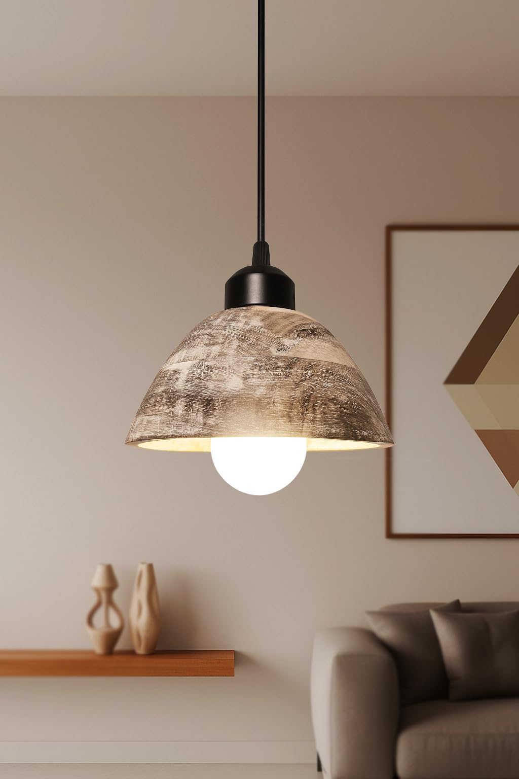 Wooden Hanging Lights for Living Room | Handcrafted Walnut Finish Ceiling Hanging Lamp | Adjustable Cord | Elegant Pendant Lights for Bedroom, Kitchen & Balcony Décor (LARGE-10 INCH)