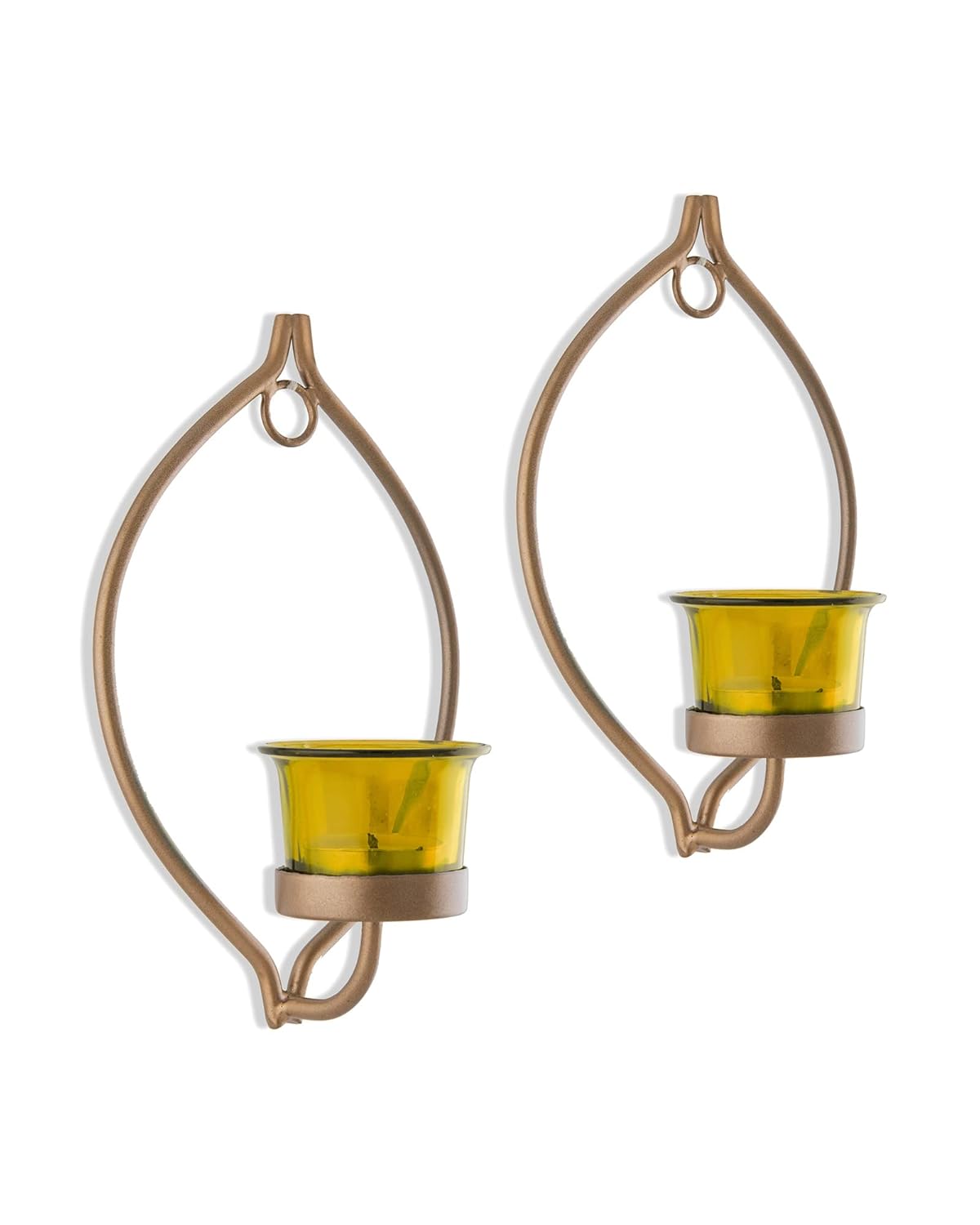 Homesake® Wall Candle Sconce Set of 2 Wrought Iron Candle Holder Hanging Wall Mounted Candle Sconces for Living Room Home Decor, Black with Glass and Free T-Light Candles (Eye Yellow Gold)