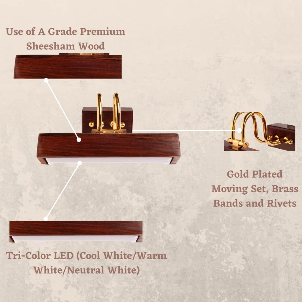 Green House Handmade Sheesham Wood Wall Light for Dressing Table/Mirror/Vanity/Bedroom/Bathroom/Living Room with 10W in-Built Tri-Colour LED/9 inches Wide/Gold Plated Brass Bands/Rivets/Moving Set