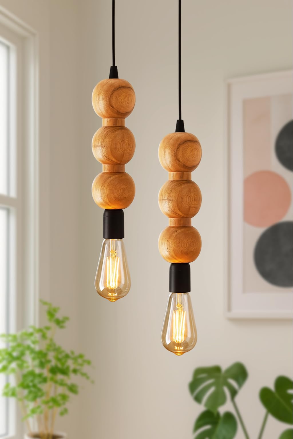 Wooden Hanging Lights for Living Room | Handcrafted Walnut Finish Ceiling Hanging Lamp | Adjustable Cord | Elegant Pendant Lights for Bedroom, Kitchen & Balcony Décor (LARGE-10 INCH)