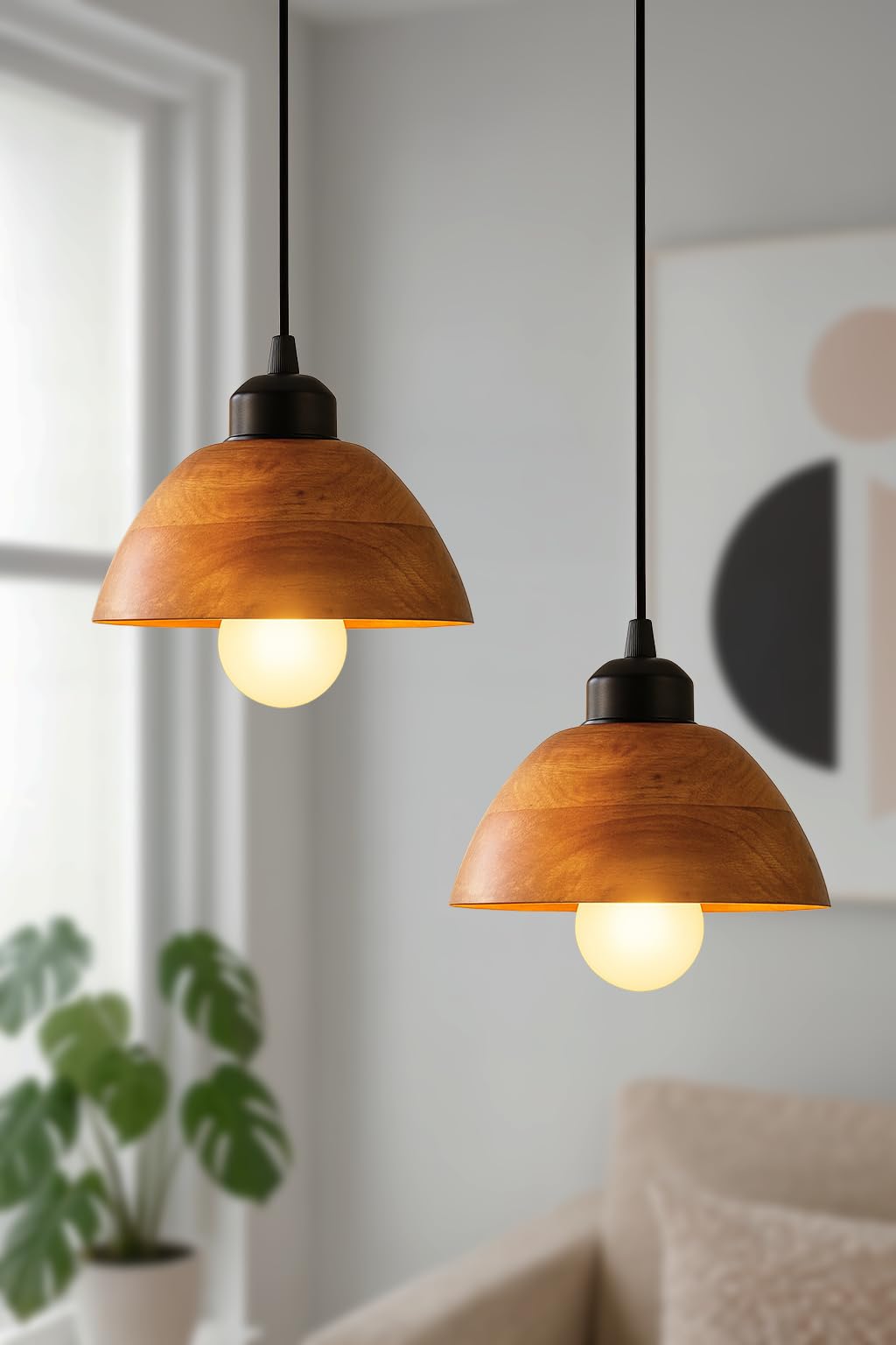 Wooden Hanging Pendant Lights Set of 2 for Bedroom | Modern Walnut Dome Hanging Lights for Living Room with Adjustable Cord | Pendant Lights for Kitchen Balcony