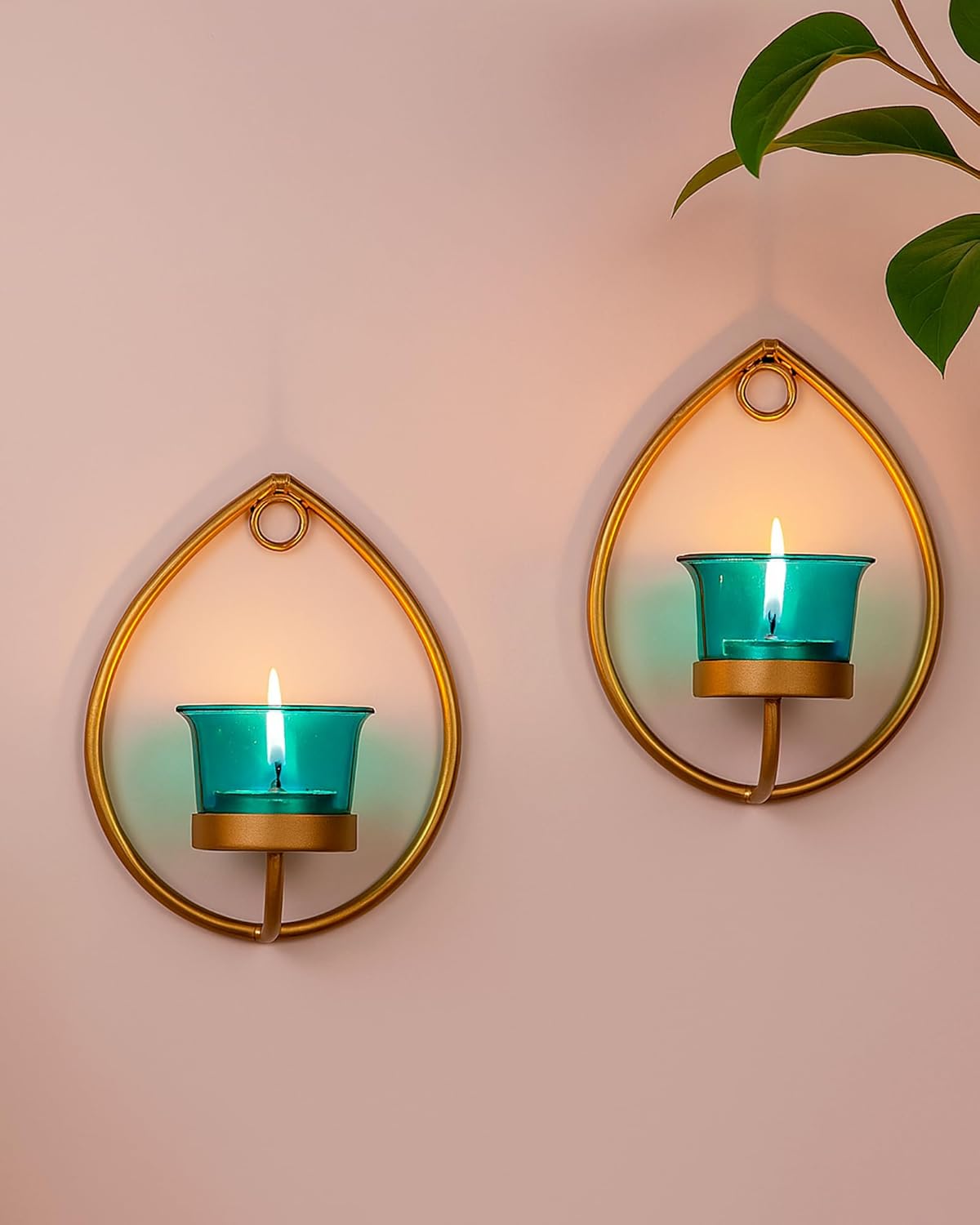 Homesake® Wall Candle Sconce Set of 2 Wrought Iron Candle Holder Hanging Wall Mounted Candle Sconces for Living Room Home Decor, Black with Glass and Free T-Light Candles (Eye Yellow Gold)